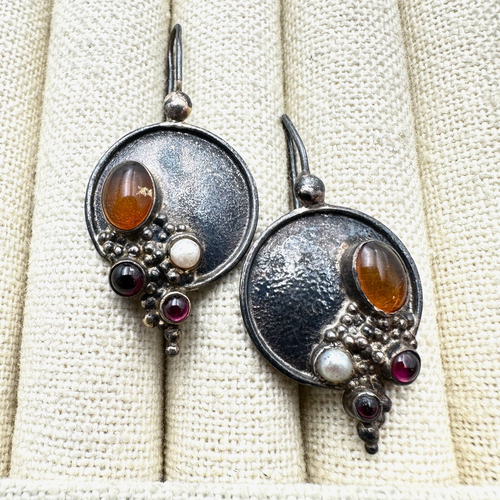 Multi Gemstone Artisan Sterling Silver Earrings Pierced 1.75 Inch Length (1 of 2)