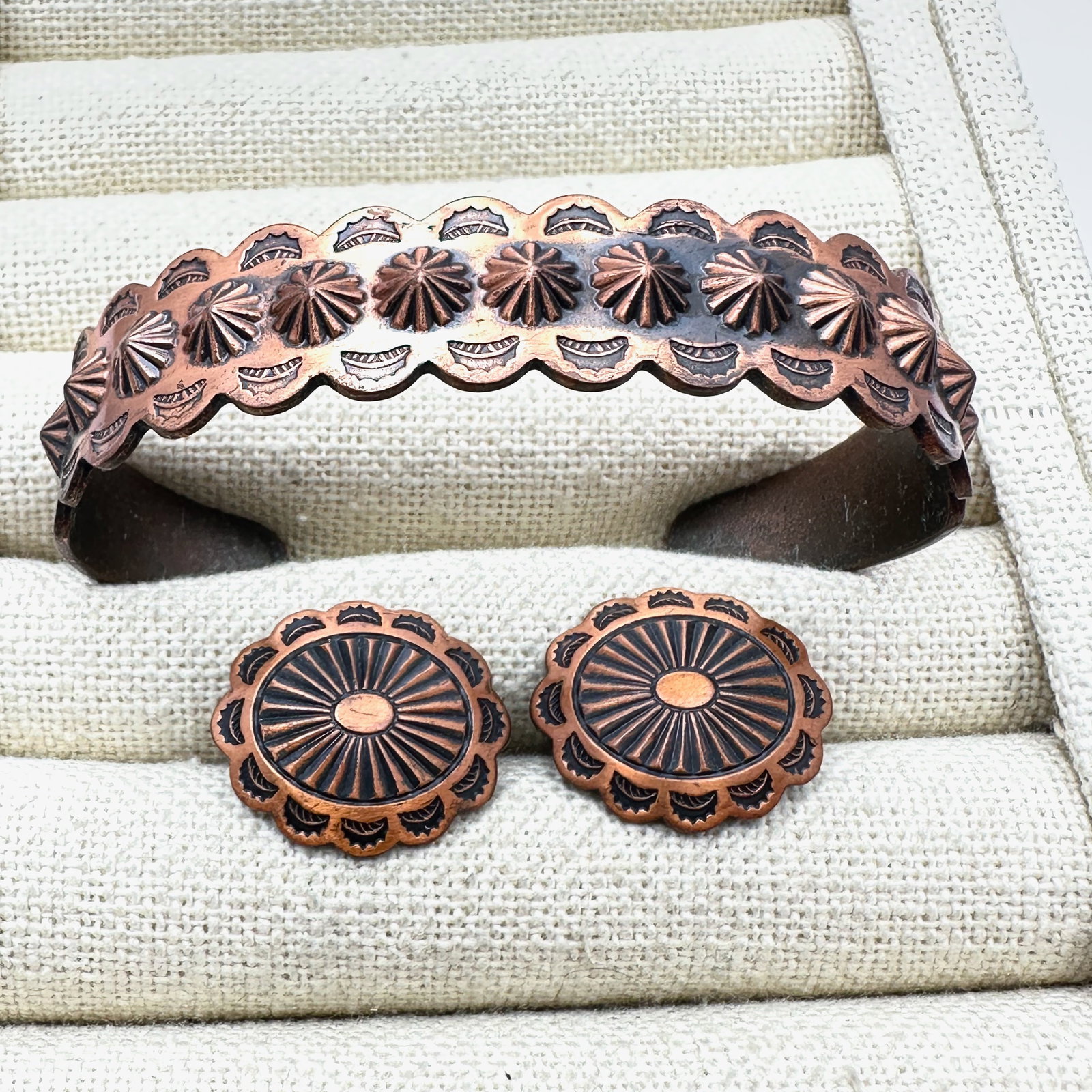 Vintage American Southwest Copper Cuff Bracelet and Concho Style Screw Back Earrings (1 of 2)