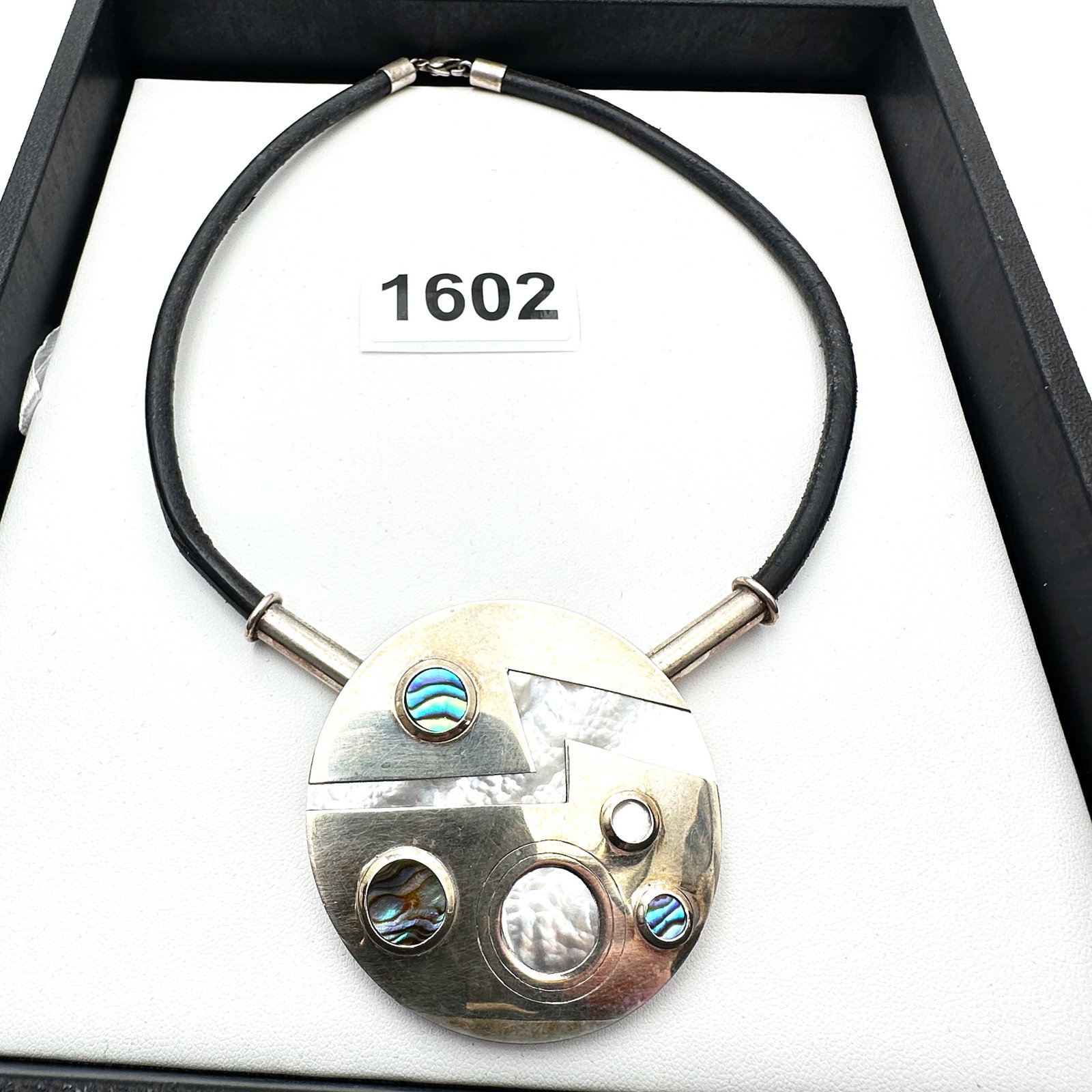 Bold Artisan Sterling Silver Mother of Pearl Abalone Large Pendant Necklace on Black Cord (1 of 2)