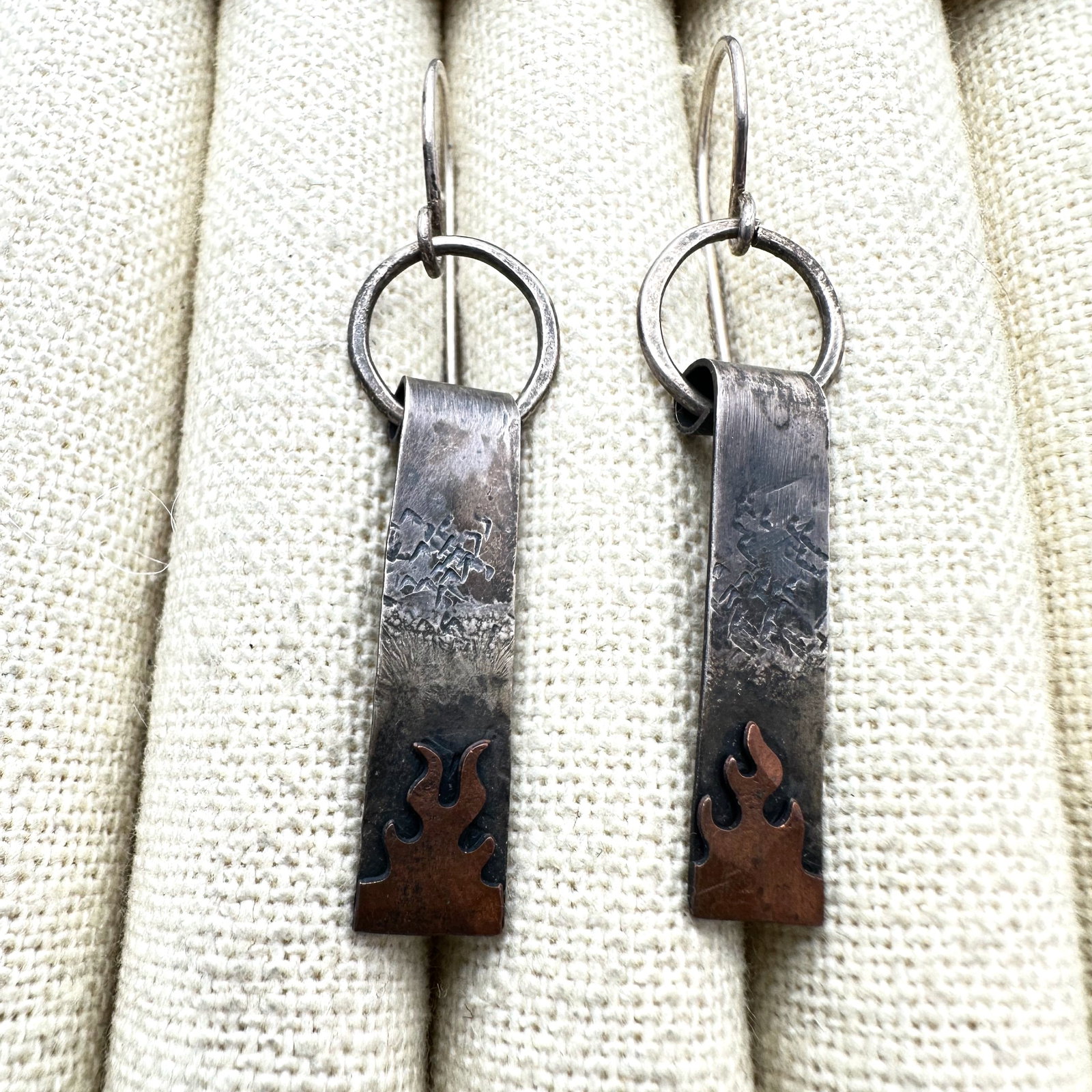 Artisan Sterling Silver and Copper Pierced Chandelier Earrings 2 Inch Length Fire Design: Artisan Sterling Silver and Copper Pierced Chandelier Earrings 2 Inch Length Fire Design