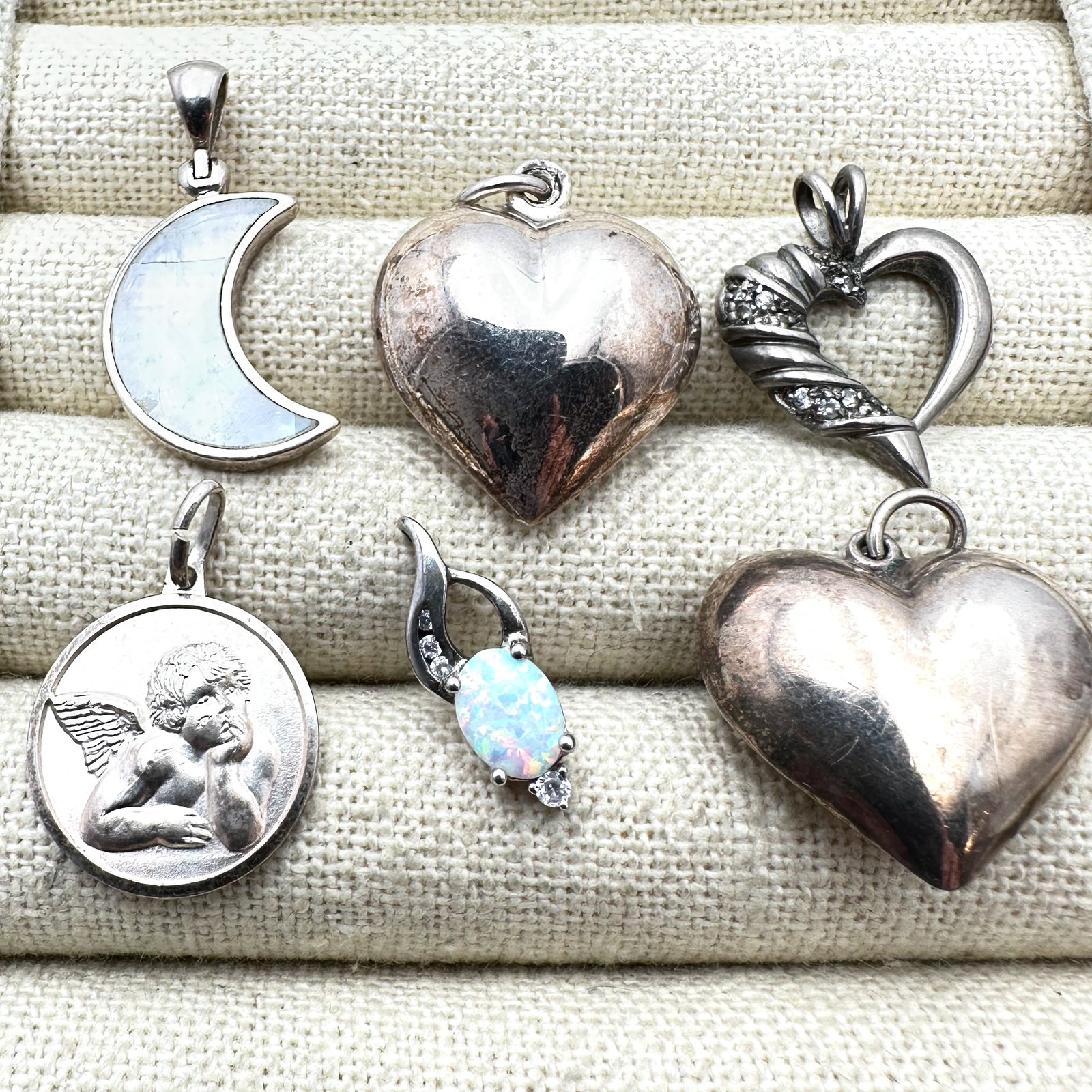 Lot of Sterling Silver Pendants and Charms Hearts Moon Opal Angel and More: Lot of Sterling Silver Pendants and Charms Hearts Moon Opal Angel and More