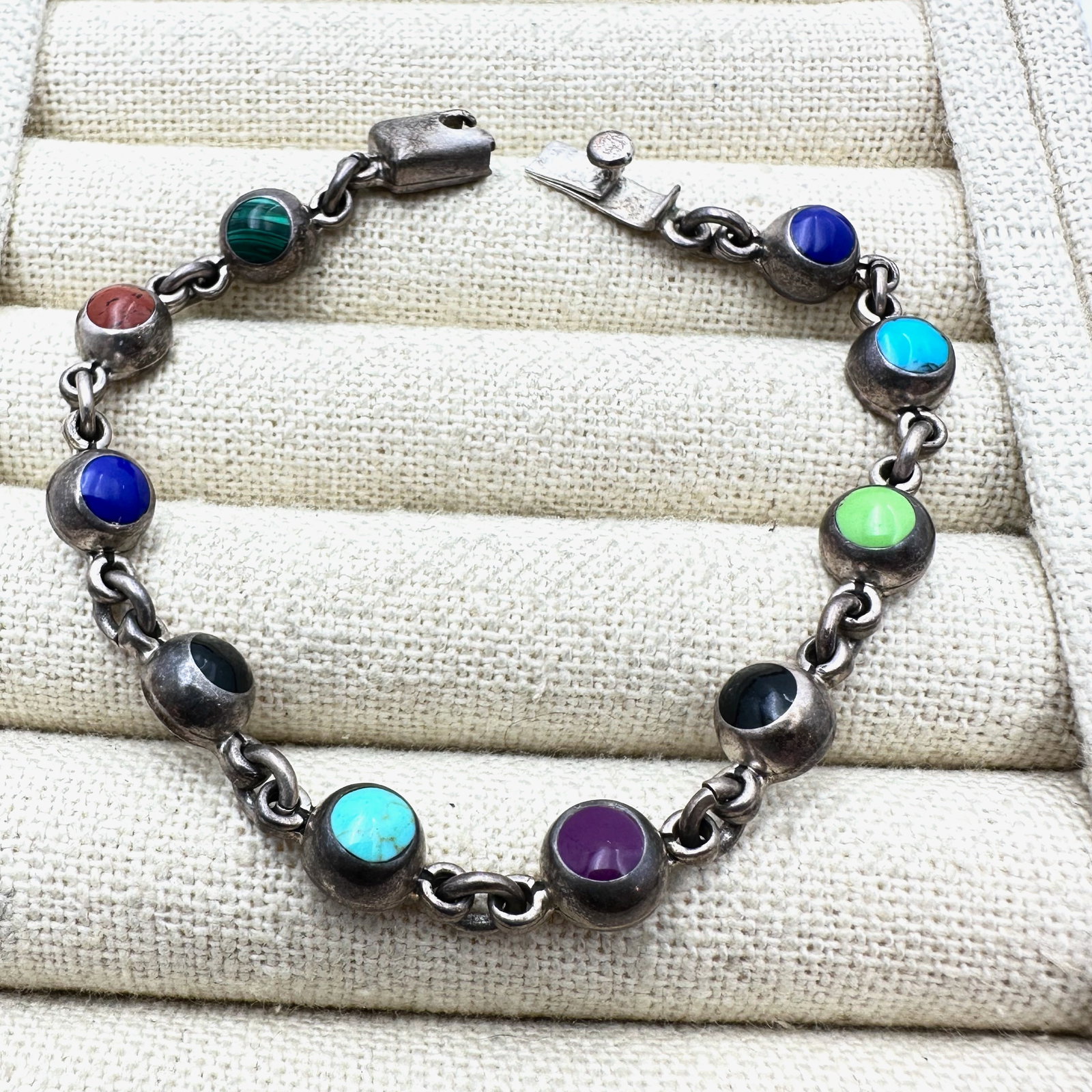 Vintage Mexico Multi Gemstone Sterling Silver Bracelet 7 Inch Length (1 of 2)