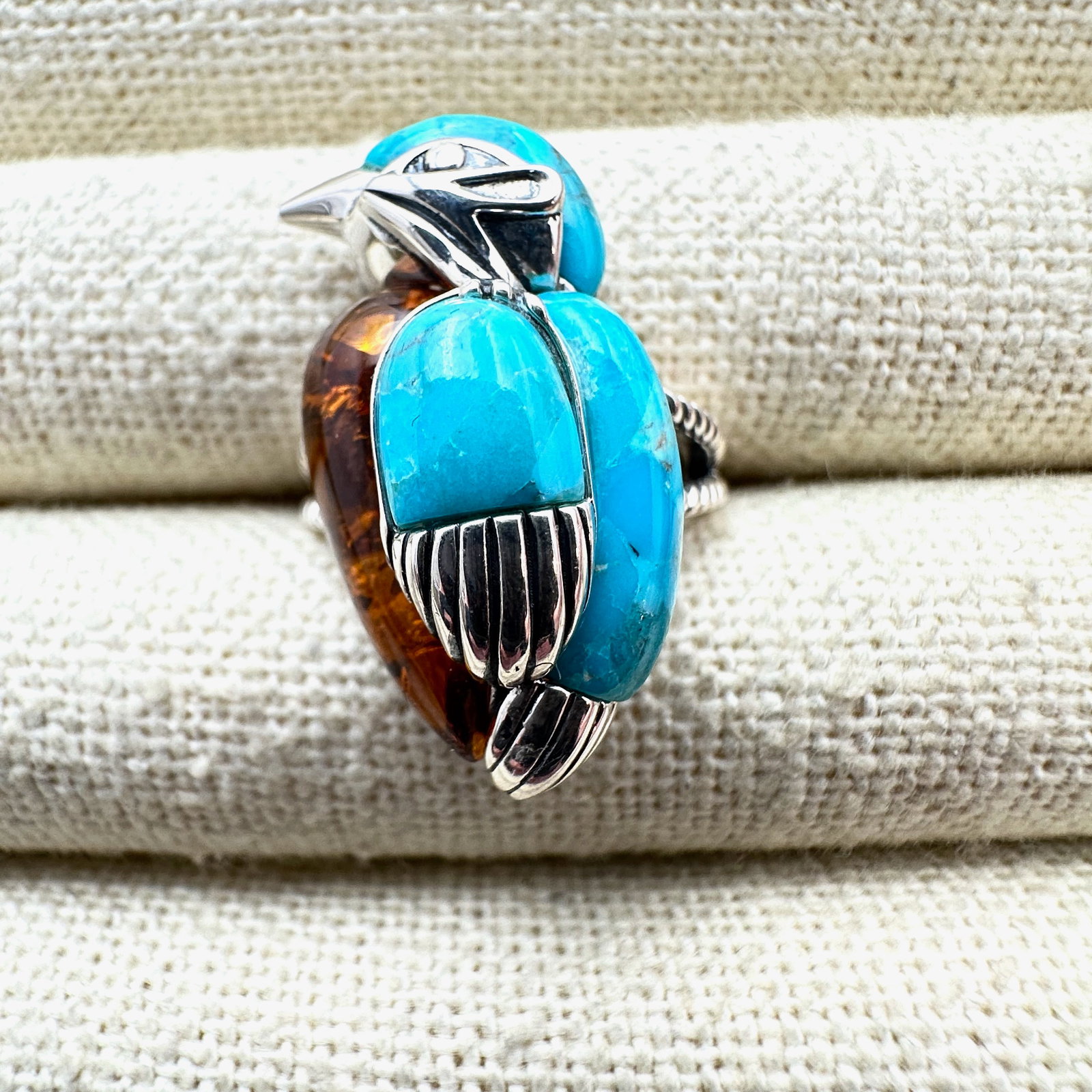 Amber and Blue Turquoise Sterling Silver Bird Ring Size 6: Amber and Blue Turquoise Sterling Silver Bird Ring Size 6