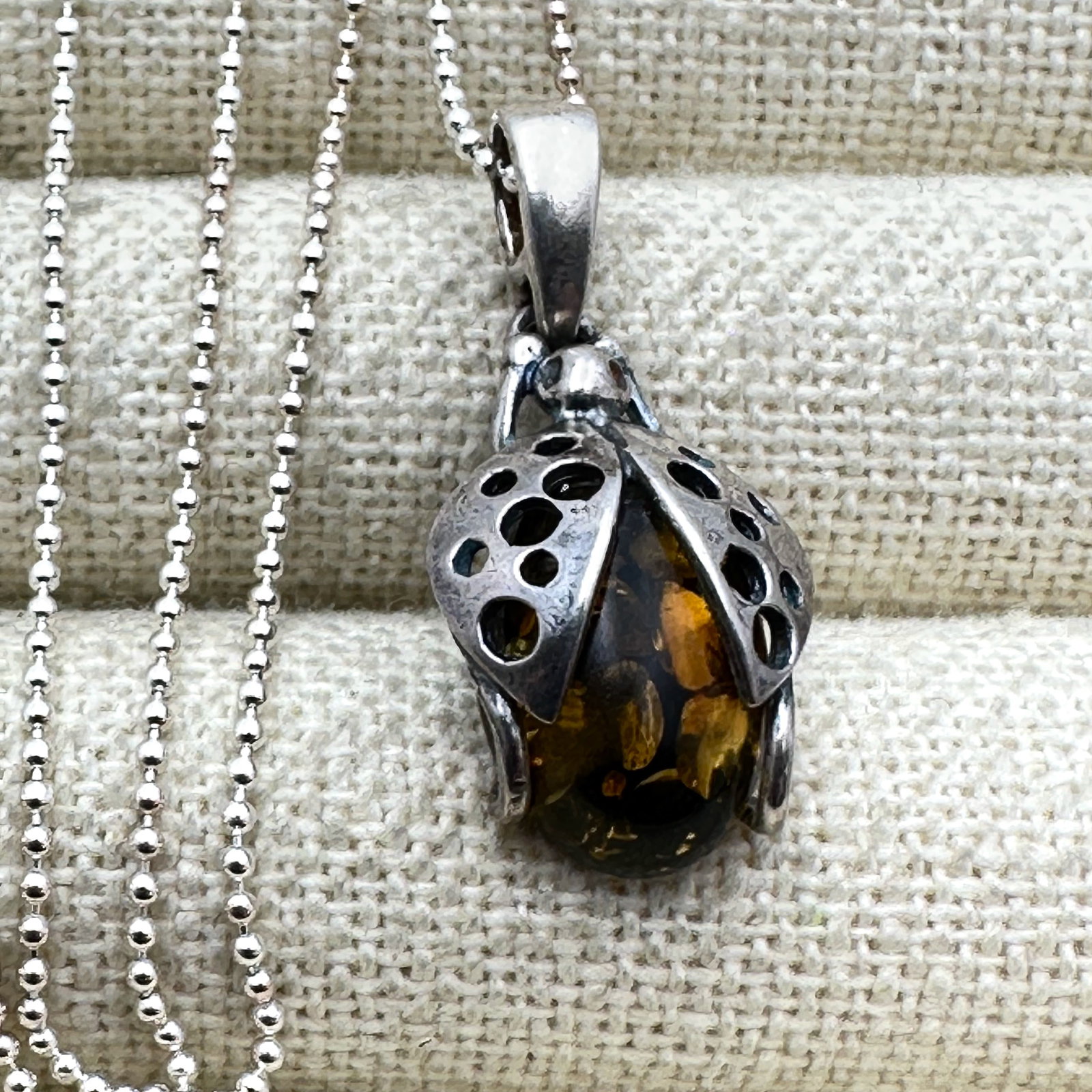 Natural Amber Sterling Silver Lady Bug Pendant Necklace 18 Inch Chain (1 of 2)