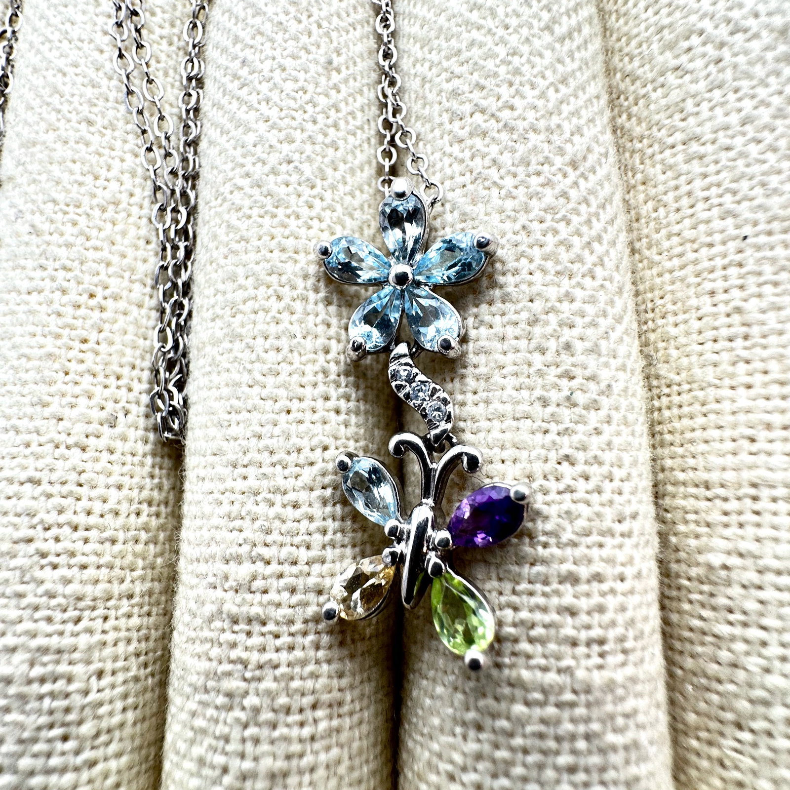 Multi Gemstone Flower Butterfly Sterling Silver Pendant Necklace 17 Inch Chain (1 of 2)