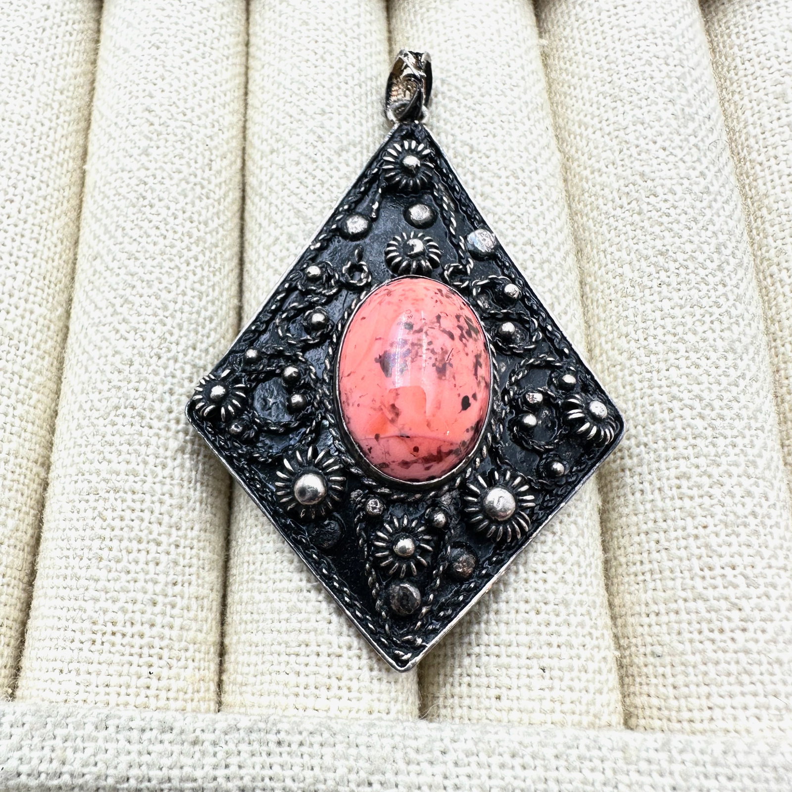 Coral Pink Glass Cabochon Sterling Silver Pendant 2.5 Inch (1 of 2)
