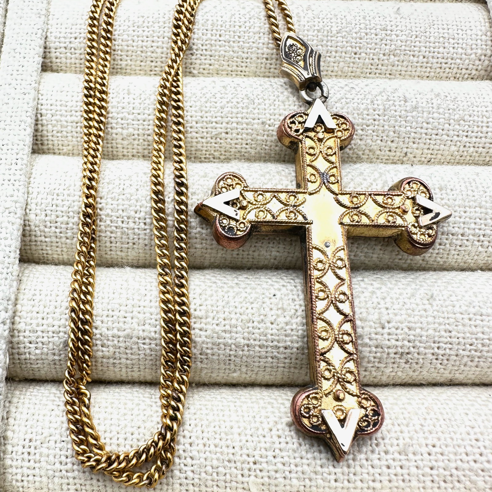 Antique Yellow Gold Filled Cross 2.5 Inch Pendant Necklace 24 Inch Chain (1 of 2)