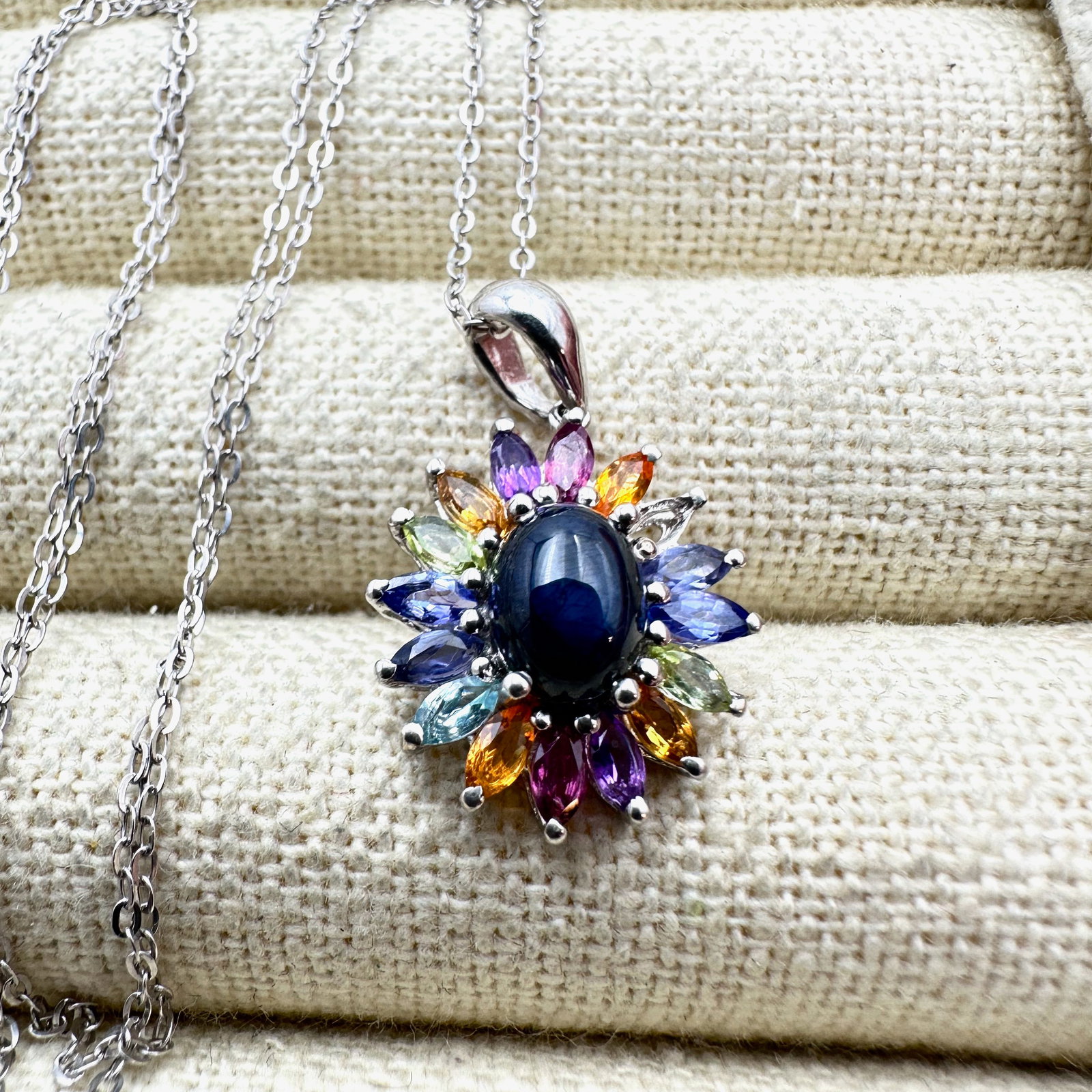 Multi Gemstone Pendant Sterling Silver Necklace 18 Inch Chain (1 of 2)