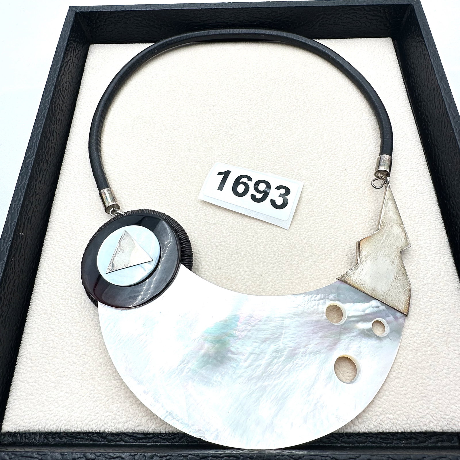 Artisan Sterling Silver mother of Pearl Tortoise Pendant Statement Necklace Black Cord (1 of 2)