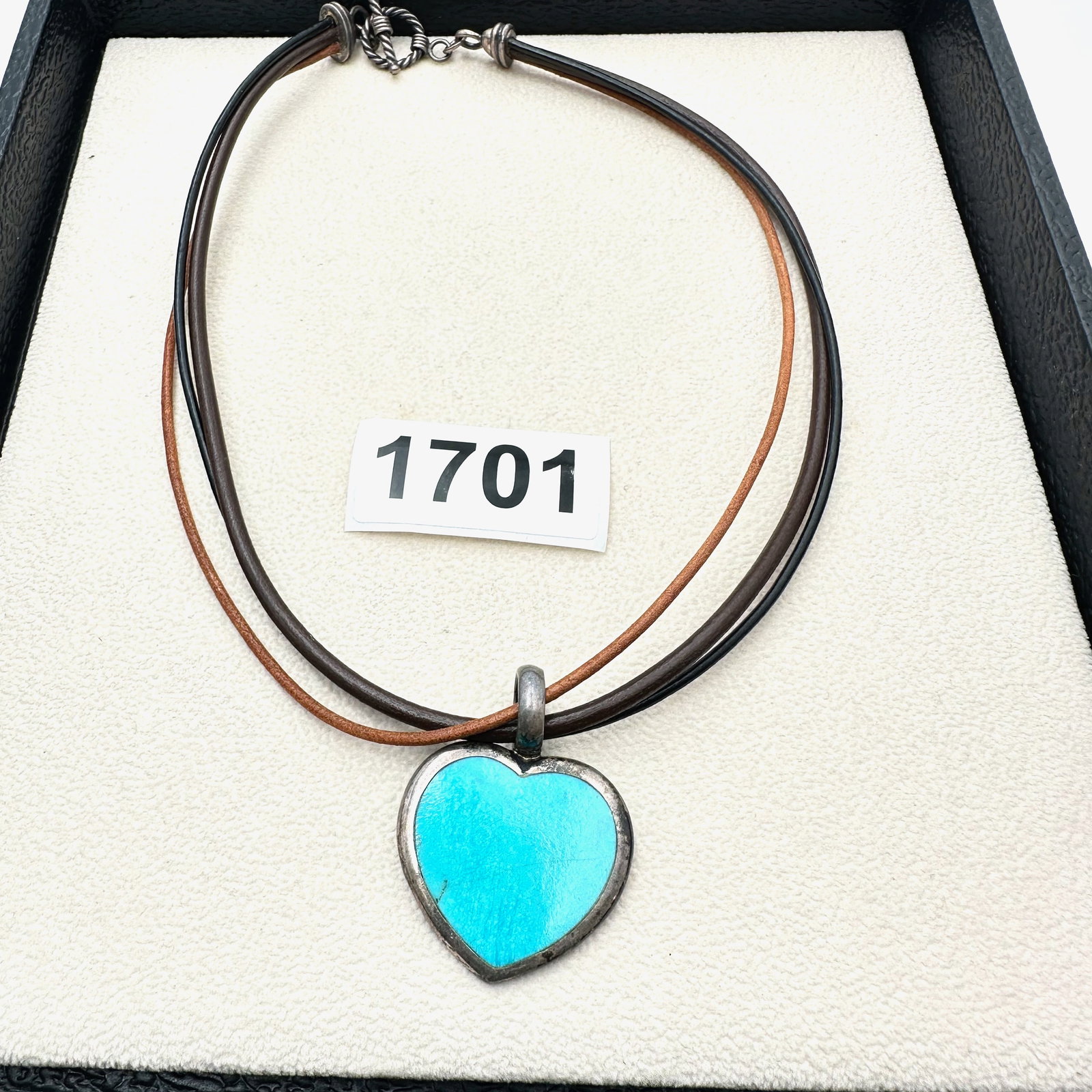 Barse Turquoise Heart Sterling Silver Necklace Leather Cord 16 Inch (1 of 2)