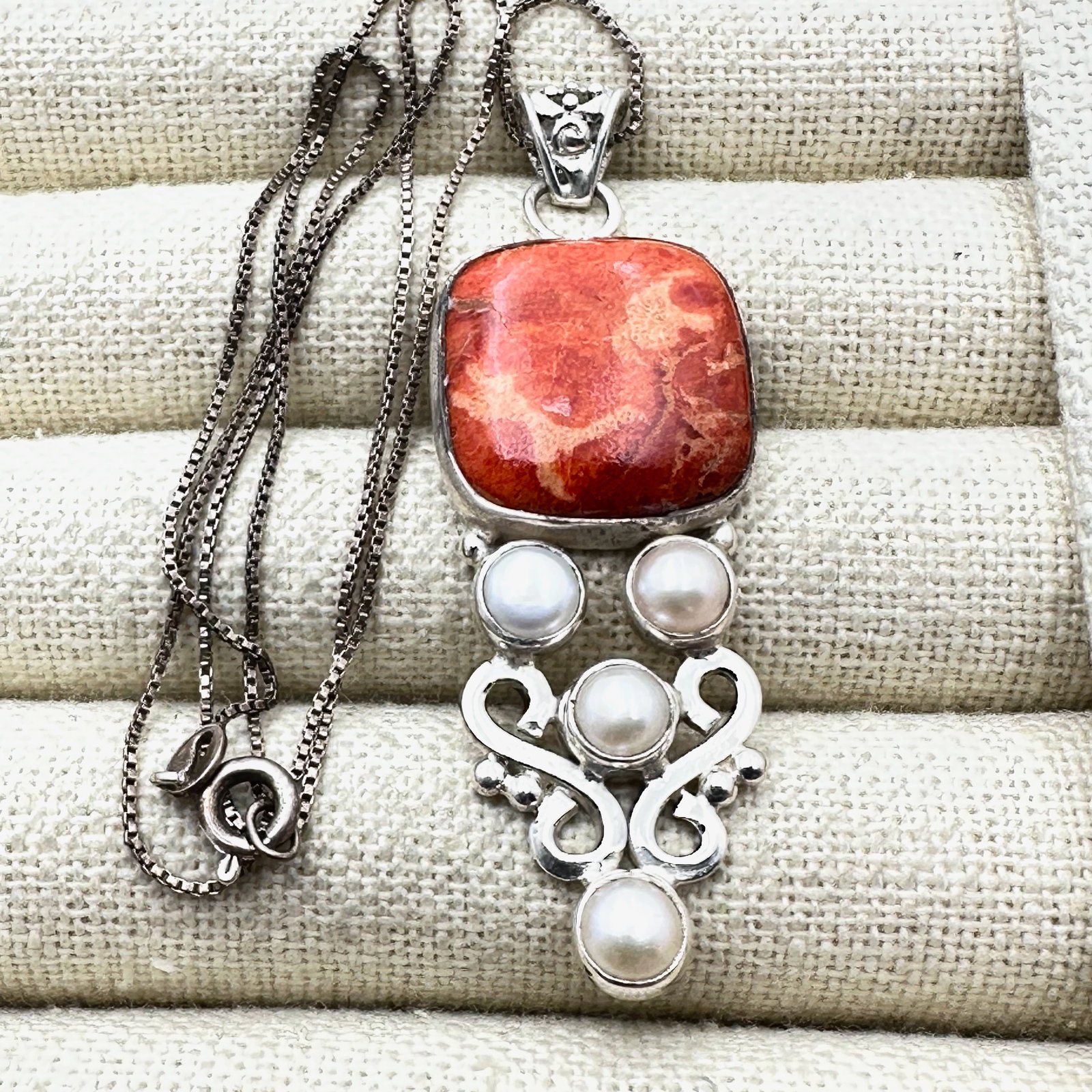 Sponge Coral Pearl Sterling Silver 2 Inch Pendant Necklace 18 Inch Chain (1 of 2)
