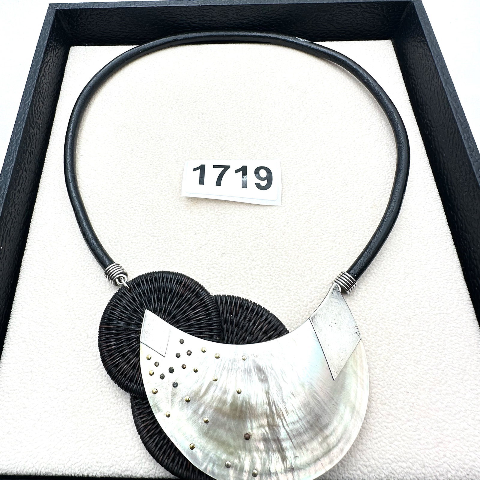 Artisan Mother of Pearl Sterling Silver Large Pendant Necklace Black Cord (1 of 2)