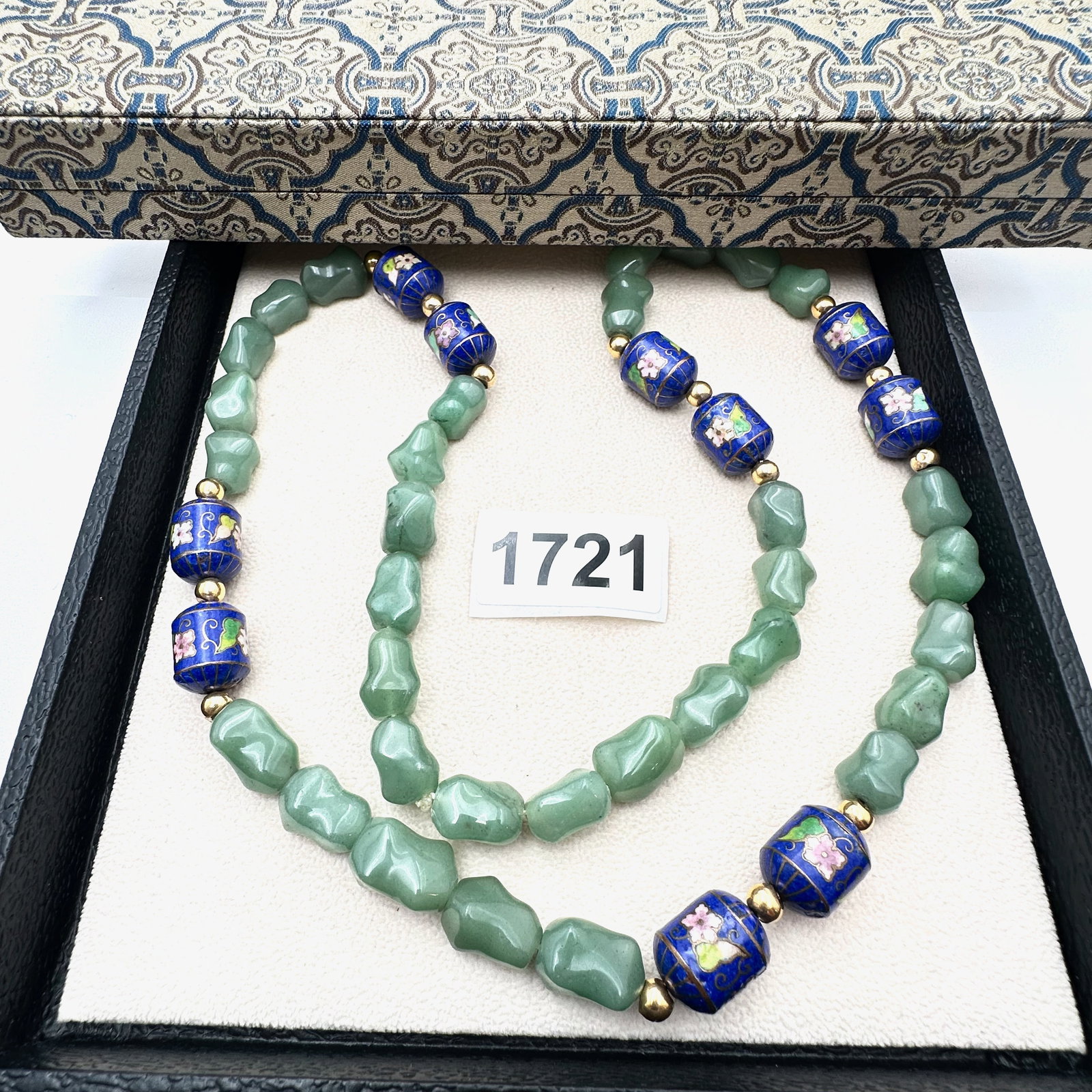 Vintage Chinese Export Jade and Cloisonne Bead Necklace in Original Box 28 Inch 142 Grams (1 of 2)