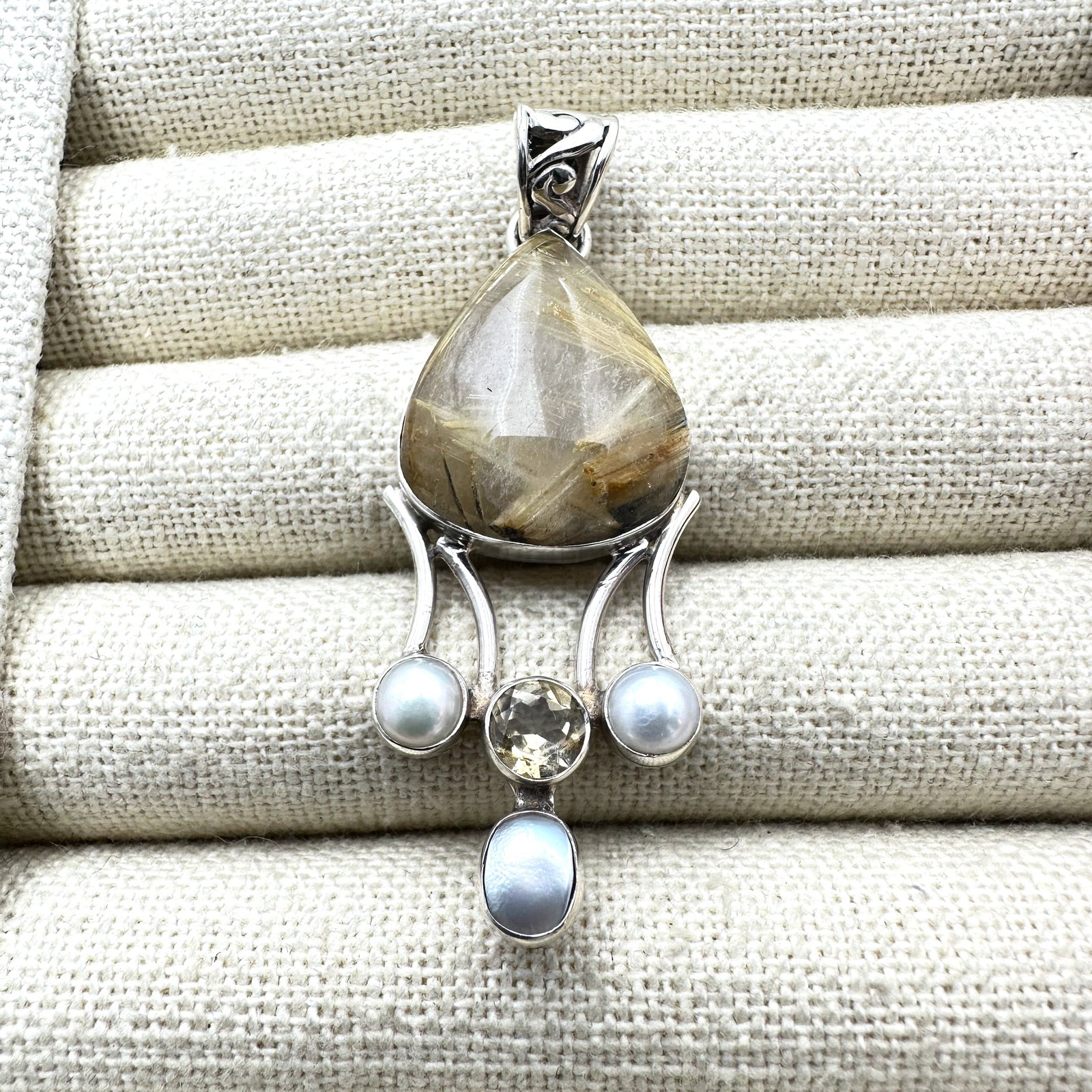 Citrine and Rutilated Quartz Pearl Sterling Silver Pendant 2.5 Inch (1 of 2)
