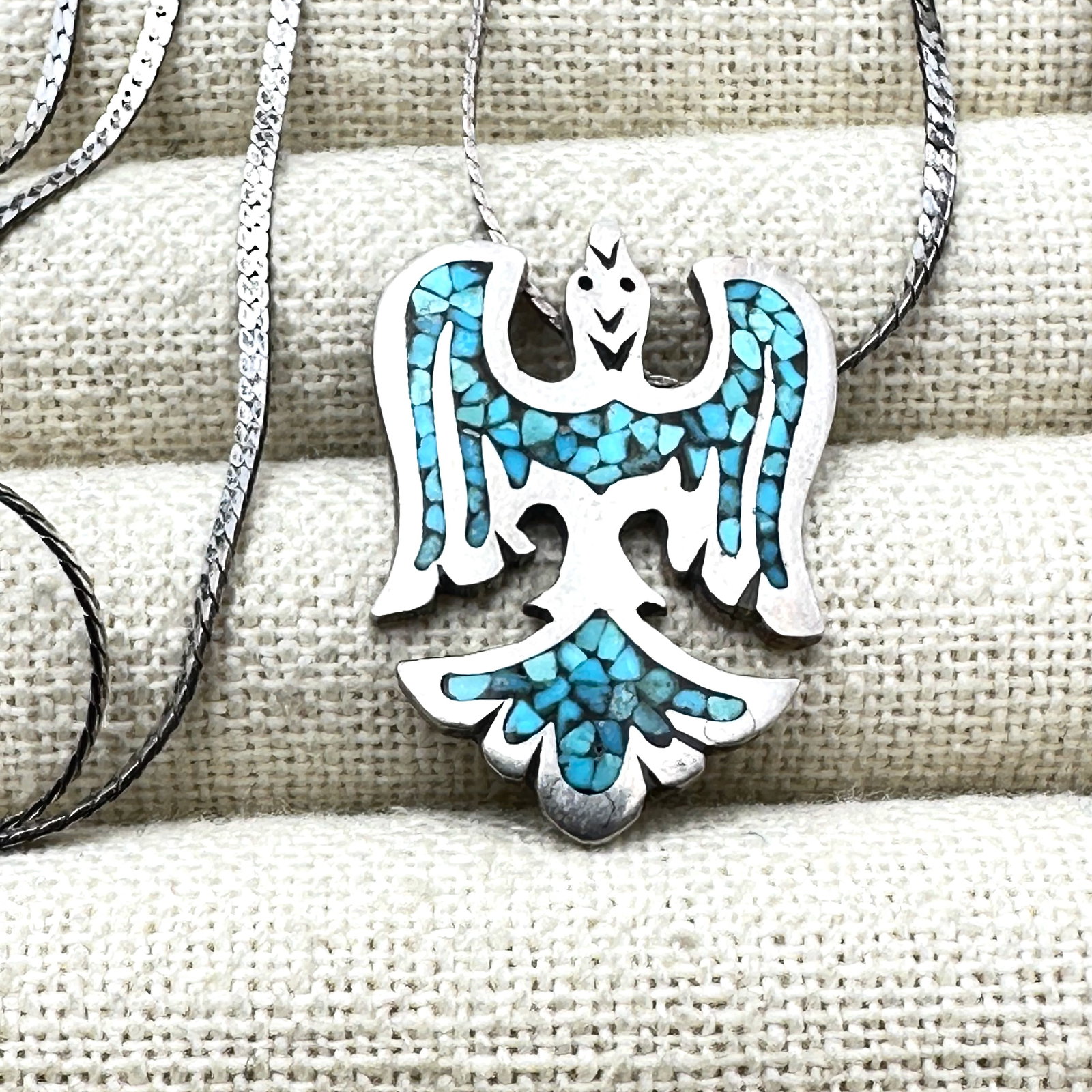 Vintage American Southwest Inlay Turquoise Thunderbird Pendant Necklace Sterling Silver Chain 18: Vintage American Southwest Inlay Turquoise Thunderbird Pendant Necklace Sterling Silver Chain 18 Inch