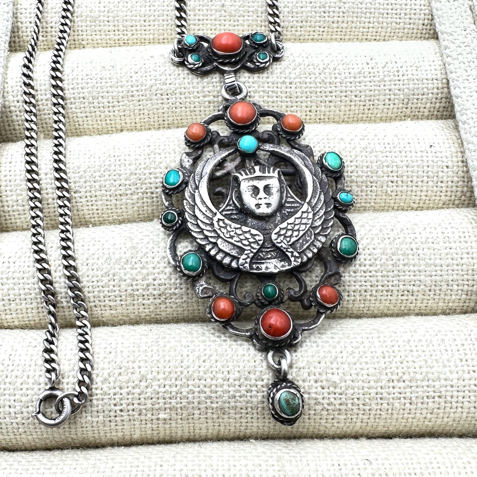 Rare Antique White & Co Sterling Silver Turquoise Red Coral 2.5 Inch Pendant Necklace 16 Inch Chain: Rare Antique White & Co Sterling Silver Turquoise Red Coral 2.5 Inch Pendant Necklace 16 Inch Chain