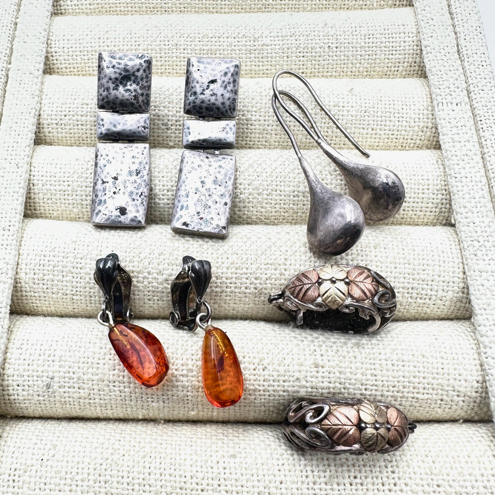 Lot of Sterling Silver Earrings Amber Black Hills Gold Hoops Hammered Design and More (1 of 2)