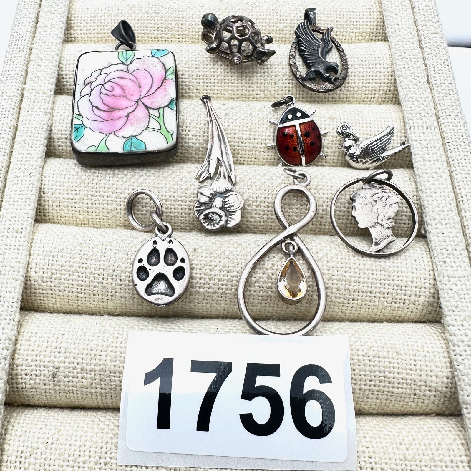 Lot of Sterling Silver Pendants Charms Turtle Bird Lady Bug Ceramic Gemstone and More (1 of 2)