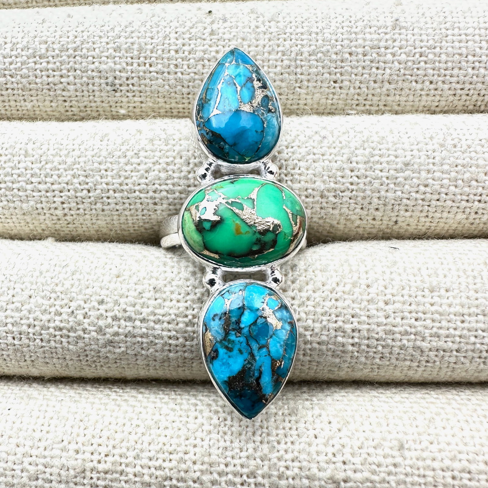 Blue and Green Turquoise Sterling Silver Statement Ring Size 6 (1 of 2)