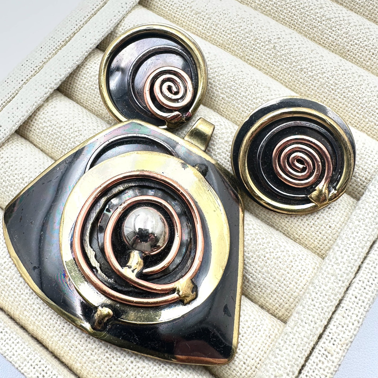 Artisan Mixed Metal Enamel Pendant and Clip Earrings Set (1 of 2)