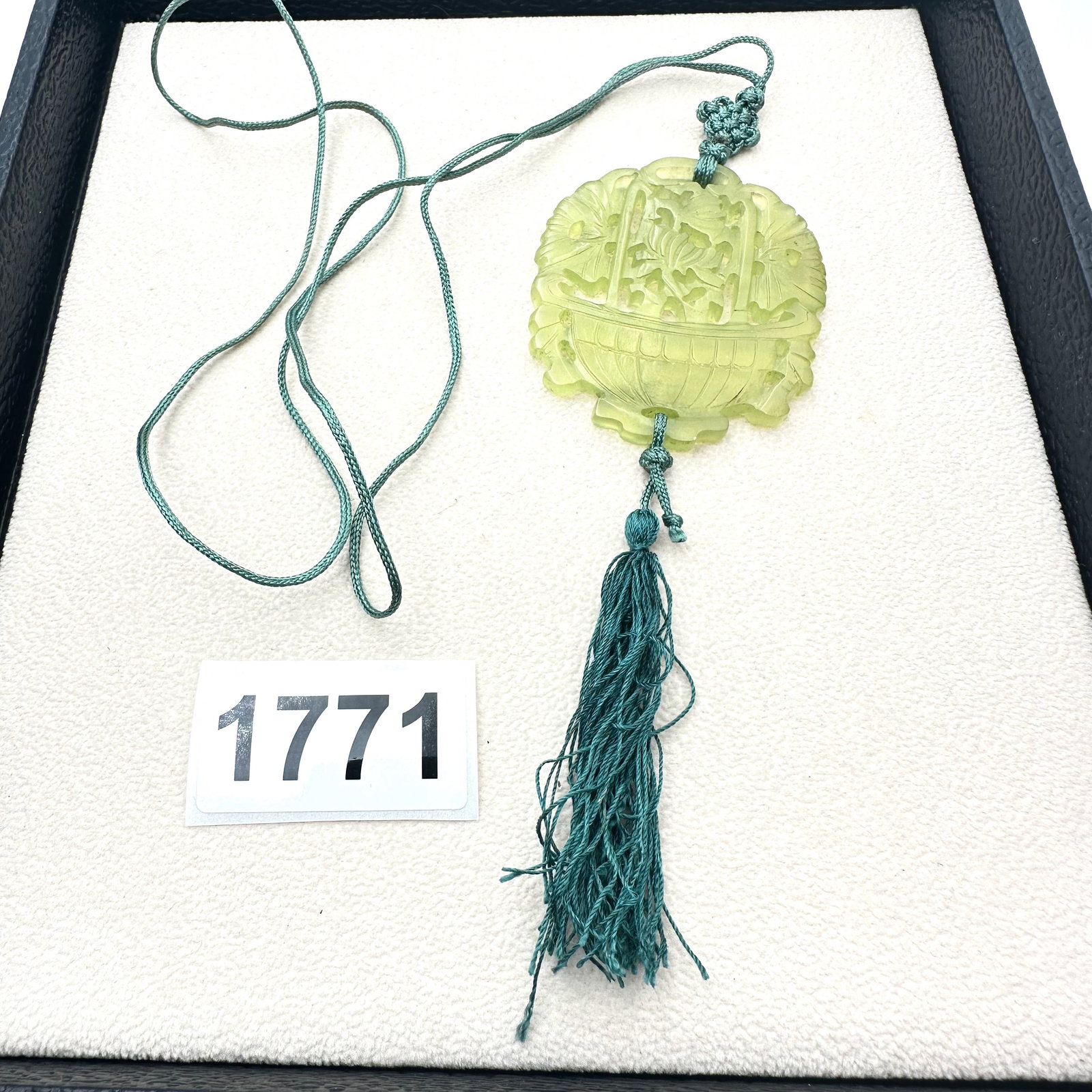 Vintage Chinese Carved Light Green Jade 2.5 Inch Pendant on Green Cord (1 of 2)