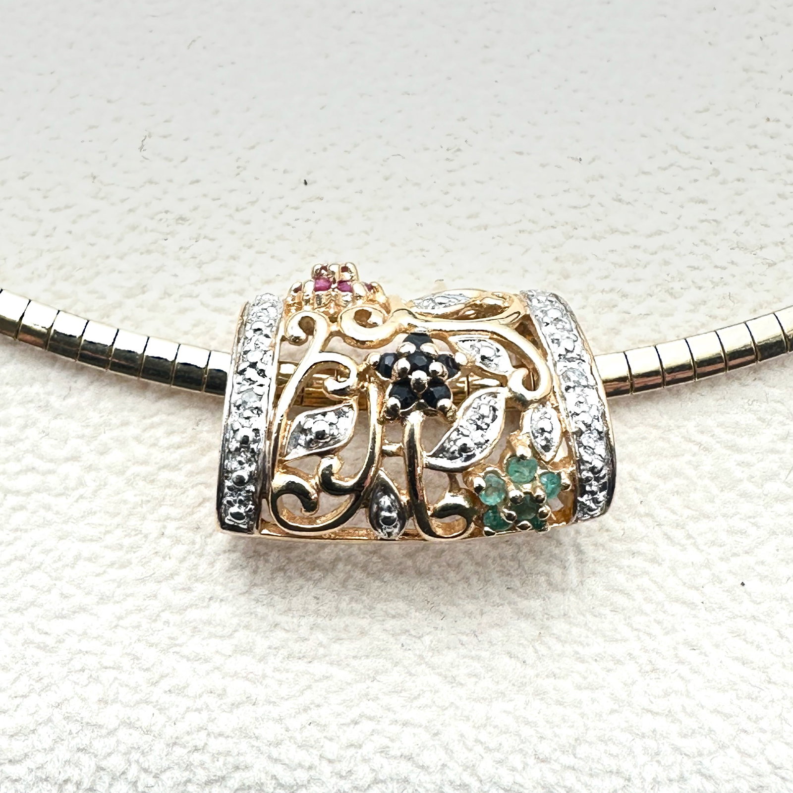 Ruby Sapphire and Emerald Slide Pendant Omega Chain Necklace Gold Plated Sterling Silver (1 of 2)