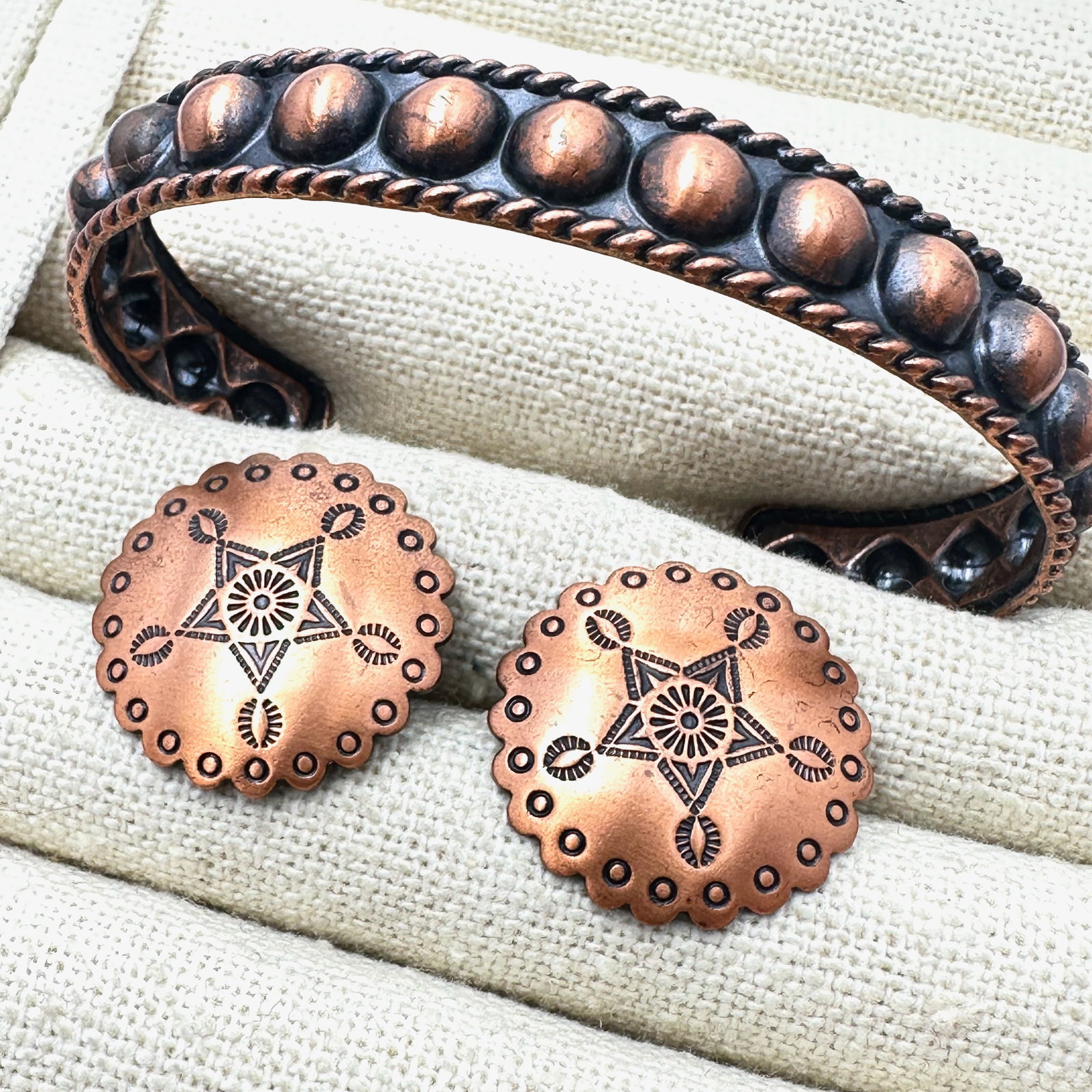 Vintage American Southwest Copper Cuff Bracelet and Screw Back Concho Earrings (1 of 2)