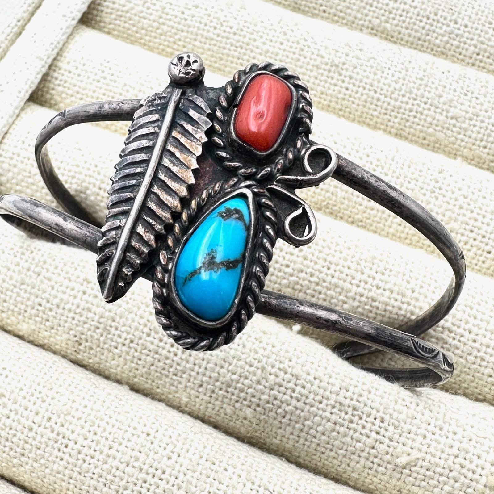 Vintage Native American Turquoise and Red Coral Sterling Silver Cuff Bracelet Adjustable Size Weight (1 of 2)