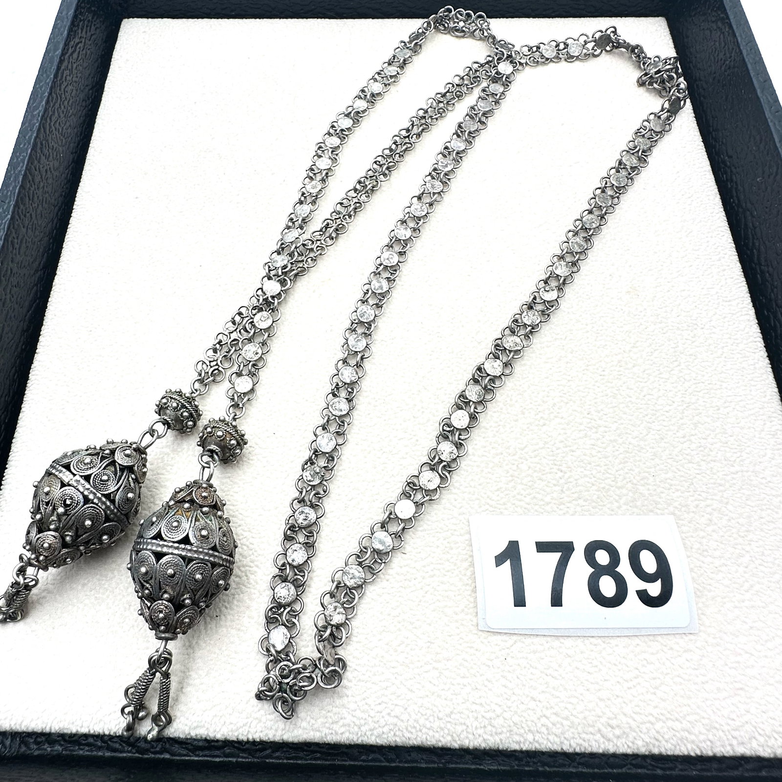 Antique Vintage Yemeni Sterling Silver Filigree 30 Inch Sautoir Necklace Weight 44 Grams (1 of 2)