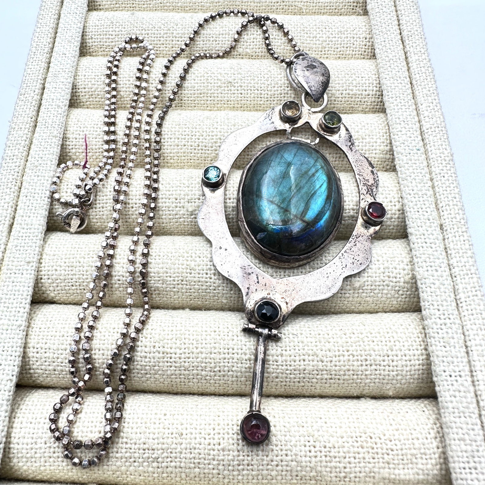 Multi Gemstone Labradorite 3.75 Inch Pendant Sterling Silver Necklace 28 Inch Chain Weight 28 Grams (1 of 2)