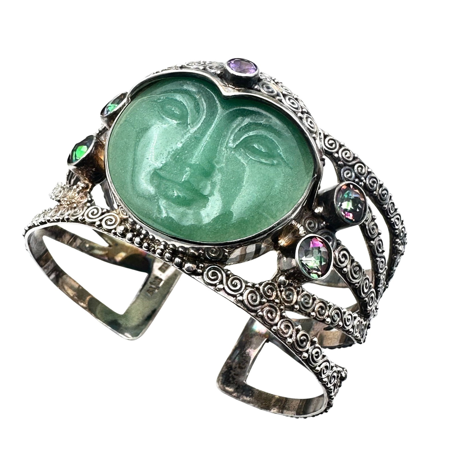 Sajen Multi Gemstone Sterling Silver Cuff Bracelet Goddess Design Weight 87 Grams 8 Inch (1 of 5)