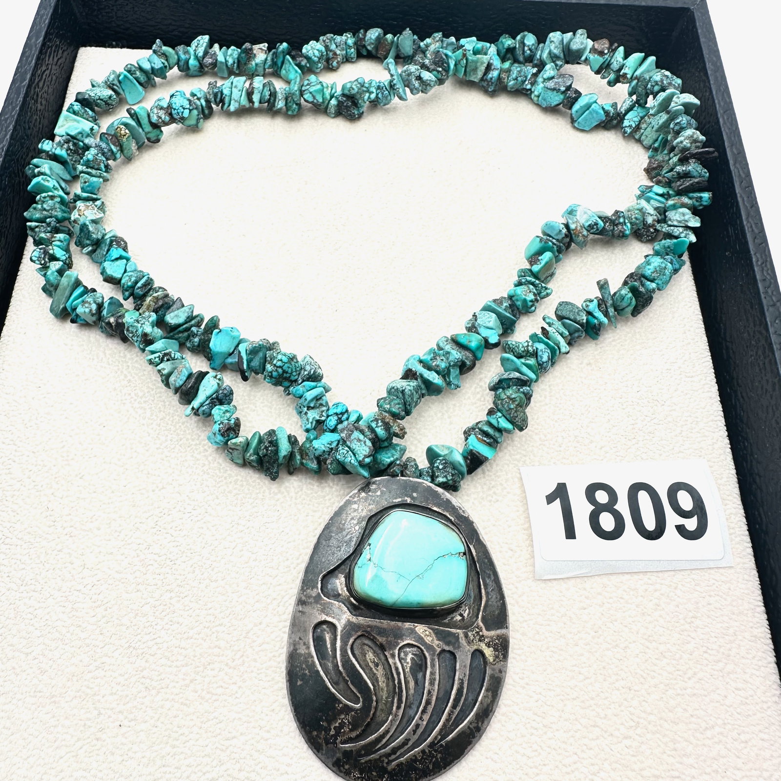 Vintage Native American Turquoise Bear Claw Design Pendant Sterling Silver Turquoise Bead Necklace (1 of 2)