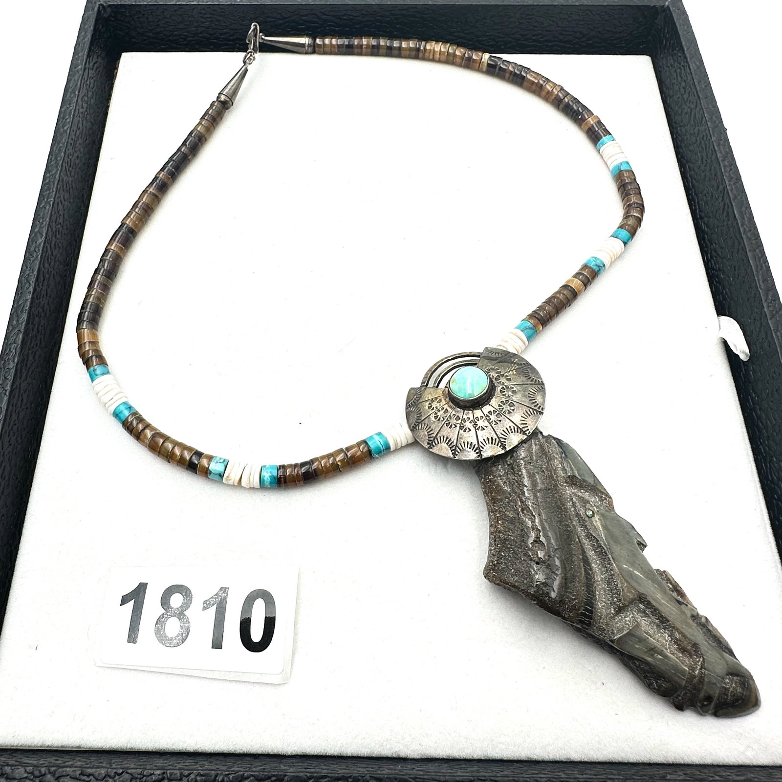 Vintage Native American Heishe Bead Sterling Silver Turquoise Carved Fish Pendant 17 Inch Wearable (1 of 4)