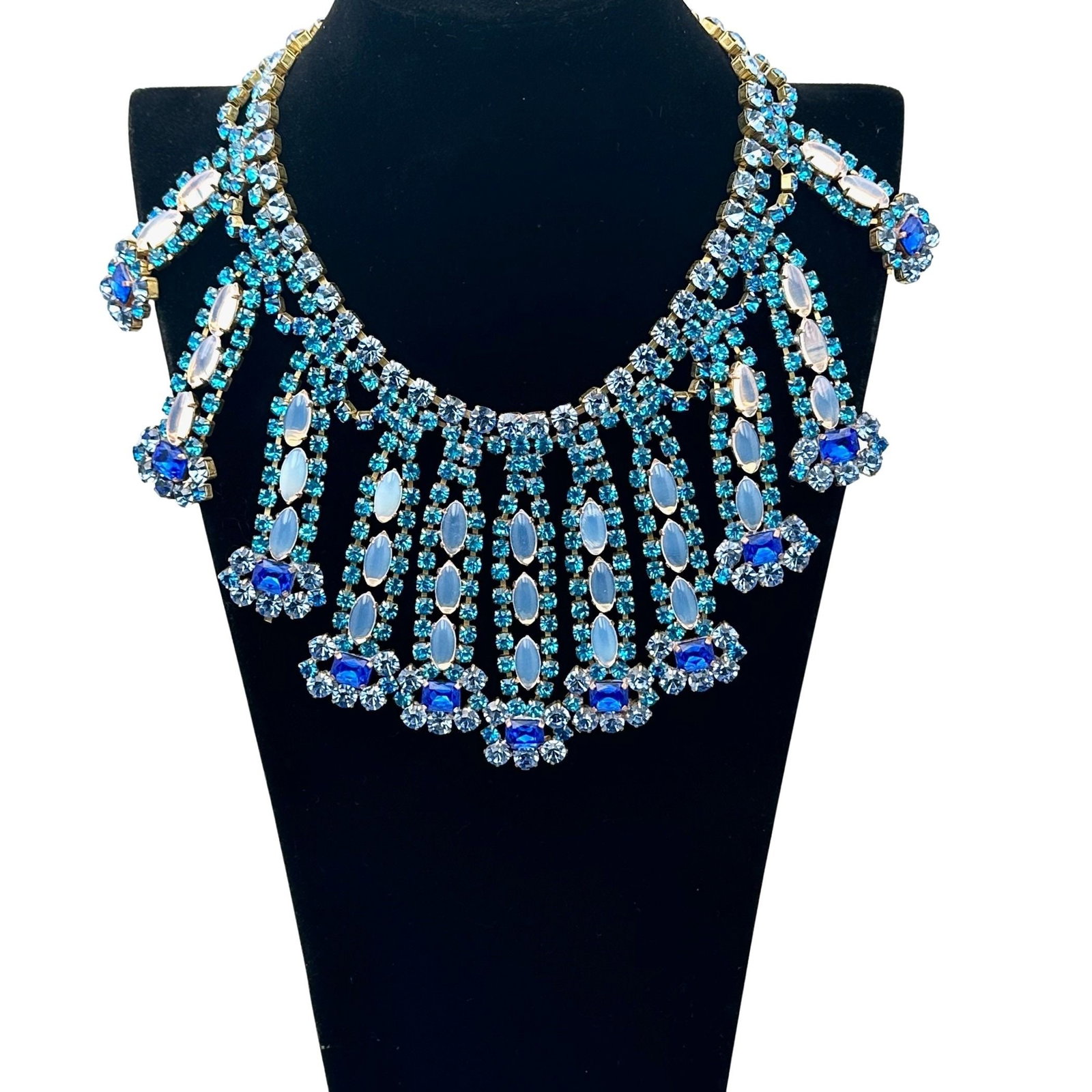 Vintage Bijoux M.S. Blue Czech Glass Necklace Unplated Back of Necklace 17 Inch Wearable Length (1 of 4)