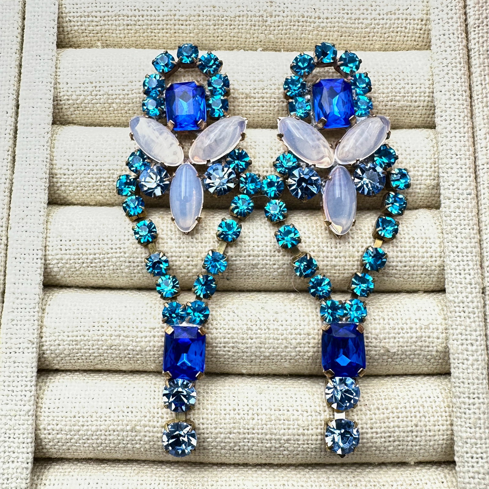 Vintage Bijoux M.S. Blue Czech Glass Pierced Chandelier Earrings 3 Inch Length (1 of 2)