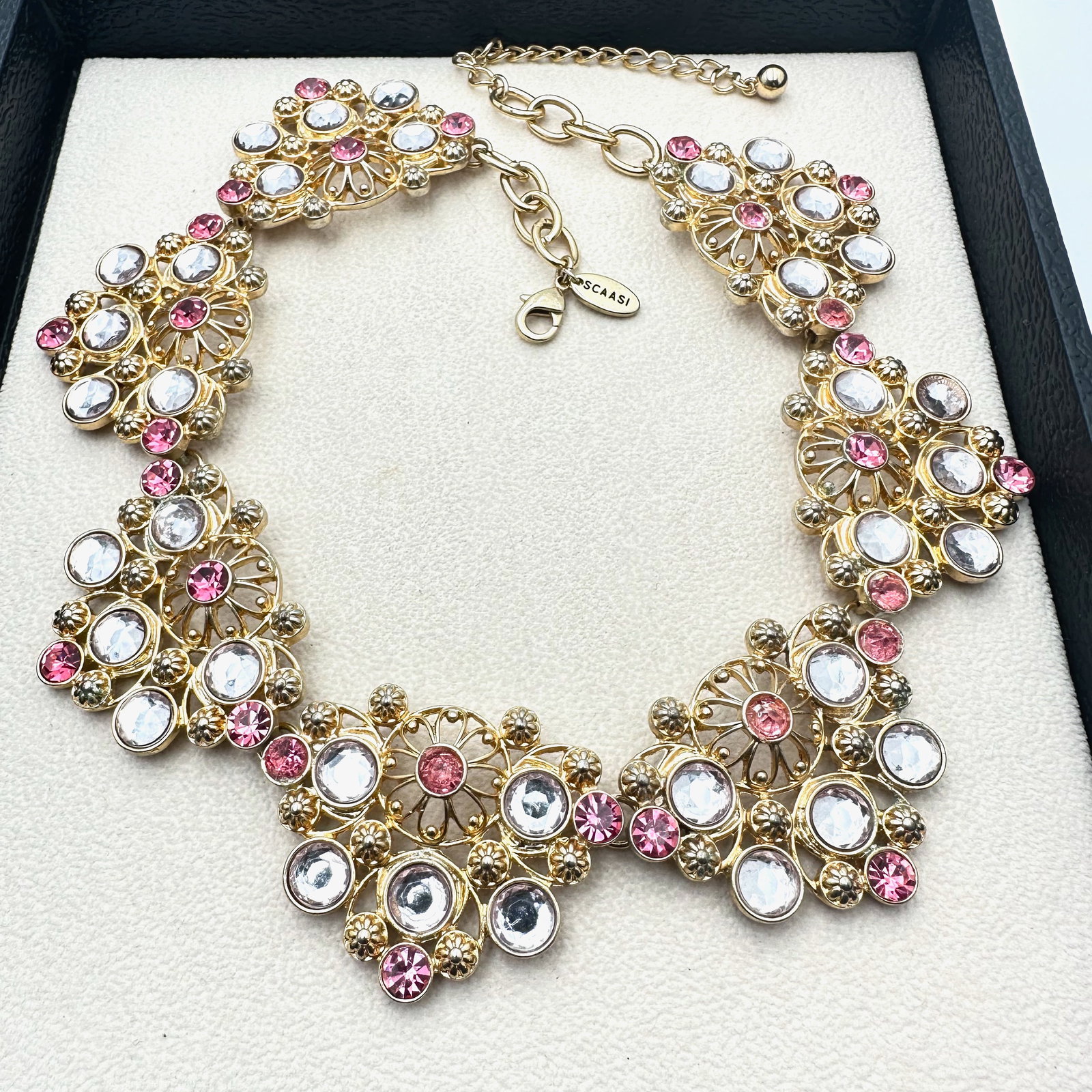 Vintage Scaasi Pink Rhinestone Gold Tone Statement Necklace 18 Inch (1 of 2)