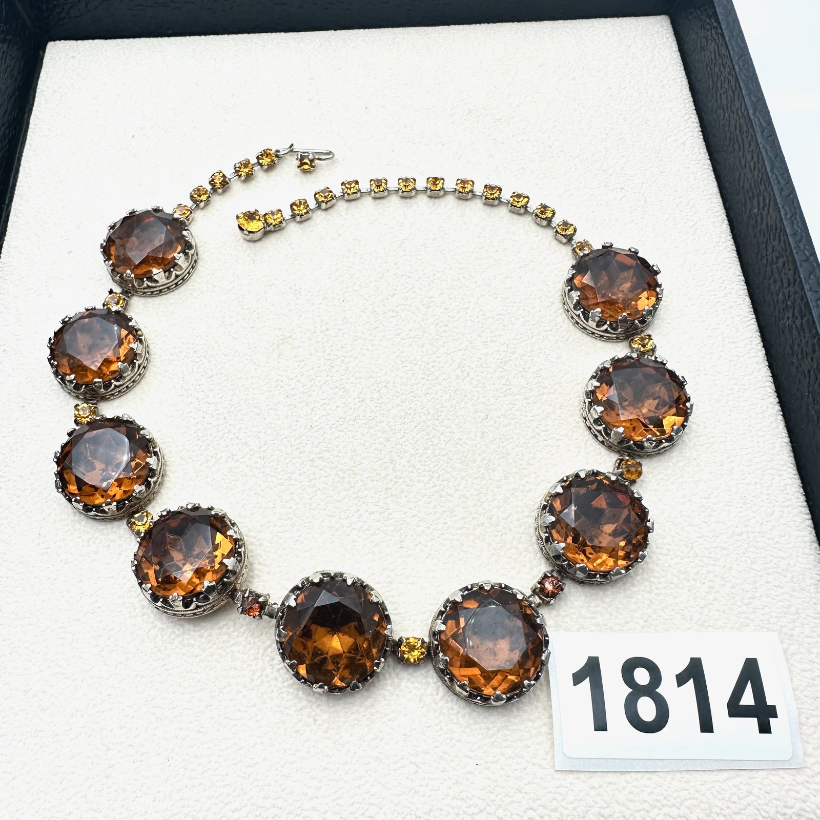 Vintage Amber Glass Rhinestone Gold Tone Necklace 15 Inch Length (1 of 2)