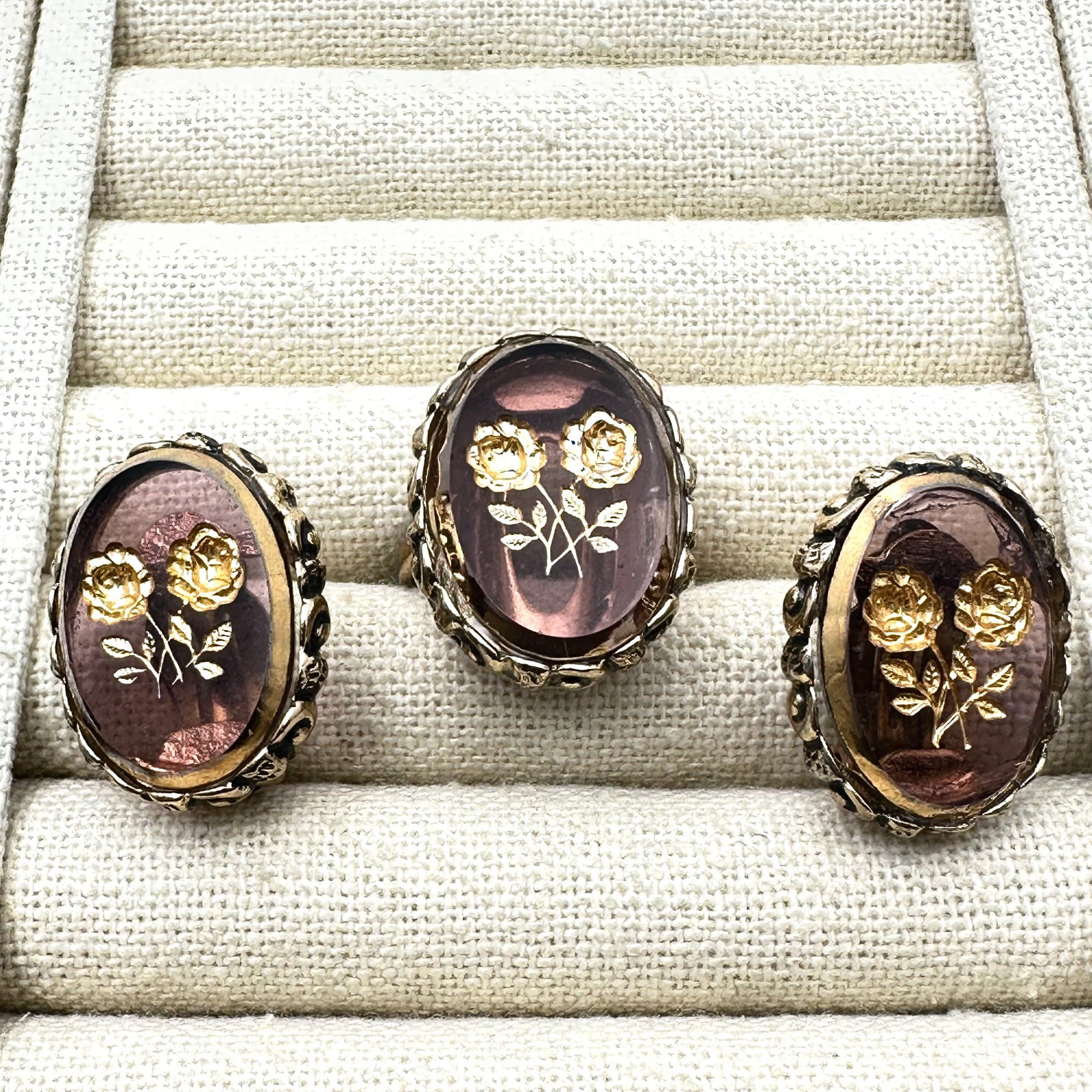 Vintage Whiting and Davis Purple Intaglio Glass Ring and Clip Earrings Set: Vintage Whiting and Davis Purple Intaglio Glass Ring and Clip Earrings Set