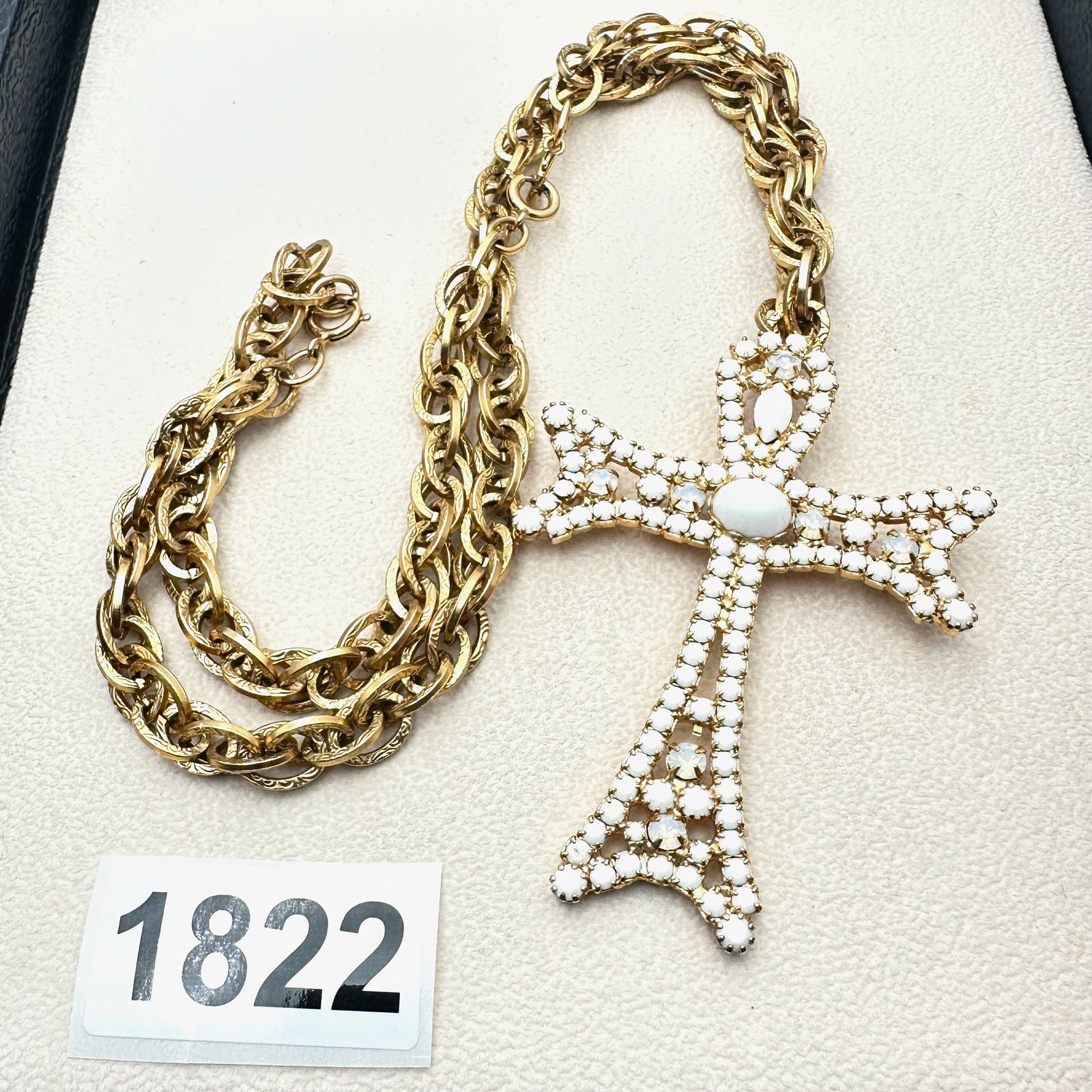 Vintage White Milk Glass Rhinestone Cross Pendant Gold Tone Necklace 24 Inch Fancy Chain (1 of 2)