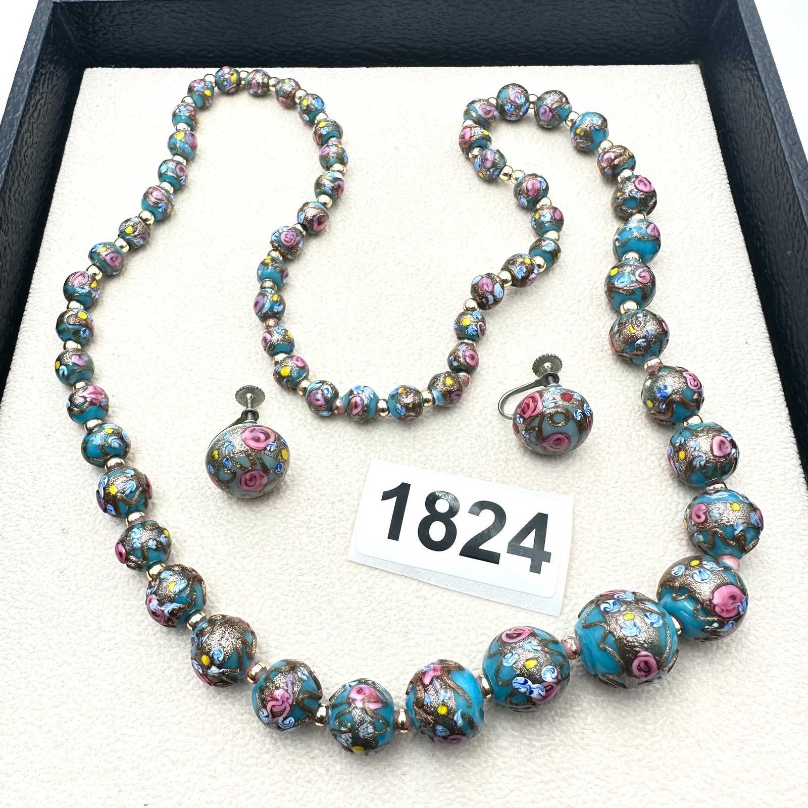 Antique Vintage Venetian Wedding Cake Glass Bead Necklace 24 Inch Length Matching Screw Back: Antique Vintage Venetian Wedding Cake Glass Bead Necklace 24 Inch Length Matching Screw Back Earrings