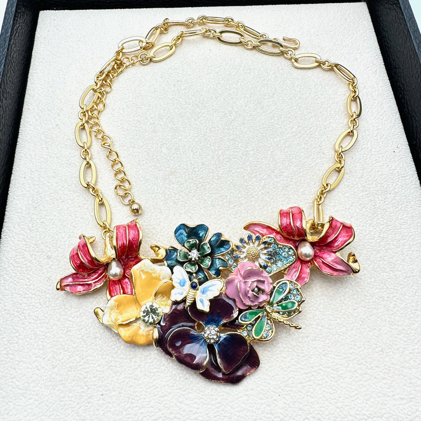 Vintage Kenneth Lane Garden Party Gold Tone Necklace Enamel Flowers Crystals 20 Inch Length Pristine: Vintage Kenneth Lane Garden Party Gold Tone Necklace Enamel Flowers Crystals 20 Inch Length Pristine Condition