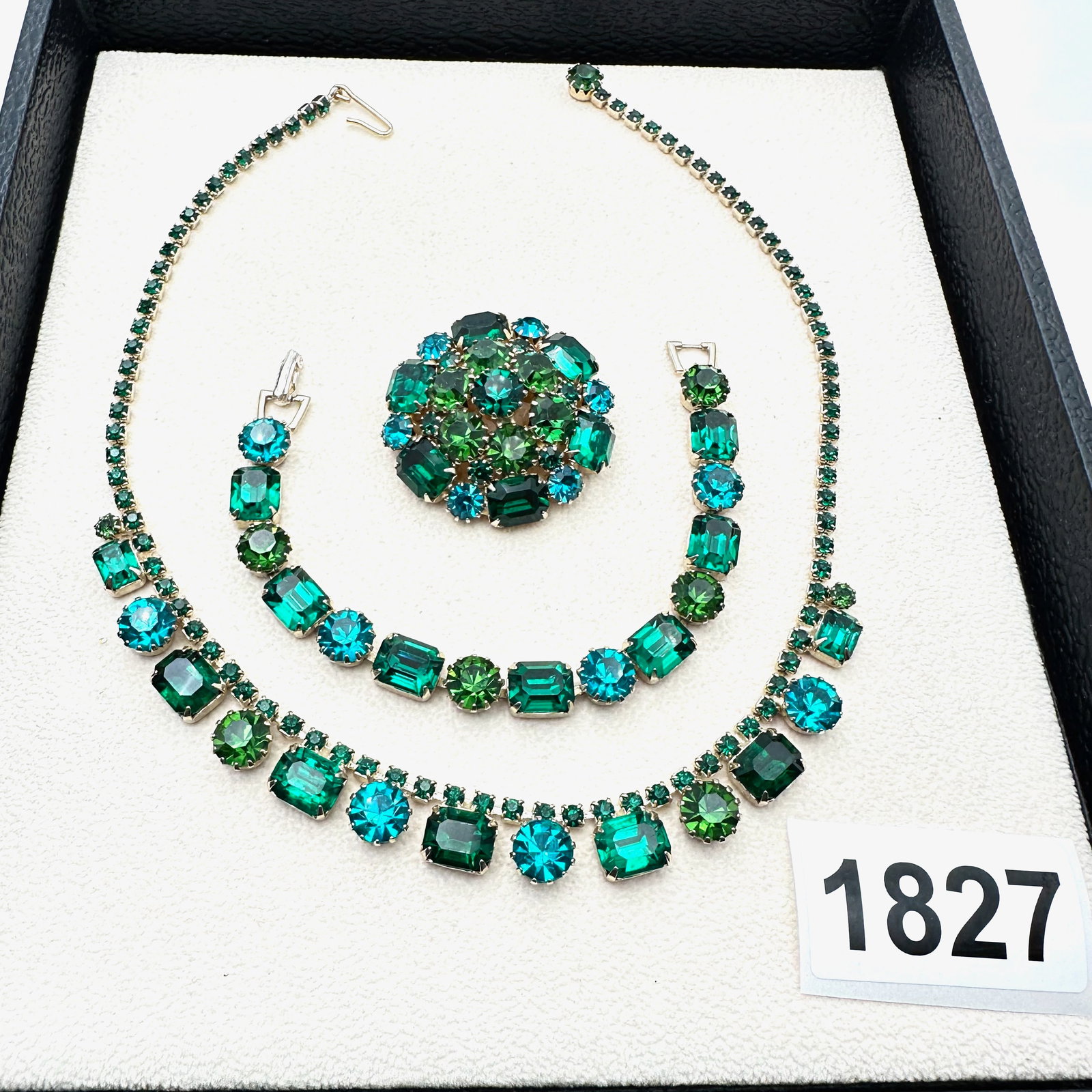 Vintage Weiss Blue Green Glass Rhinestone Necklace Bracelet and Brooch Set: Vintage Weiss Blue Green Glass Rhinestone Necklace Bracelet and Brooch Set