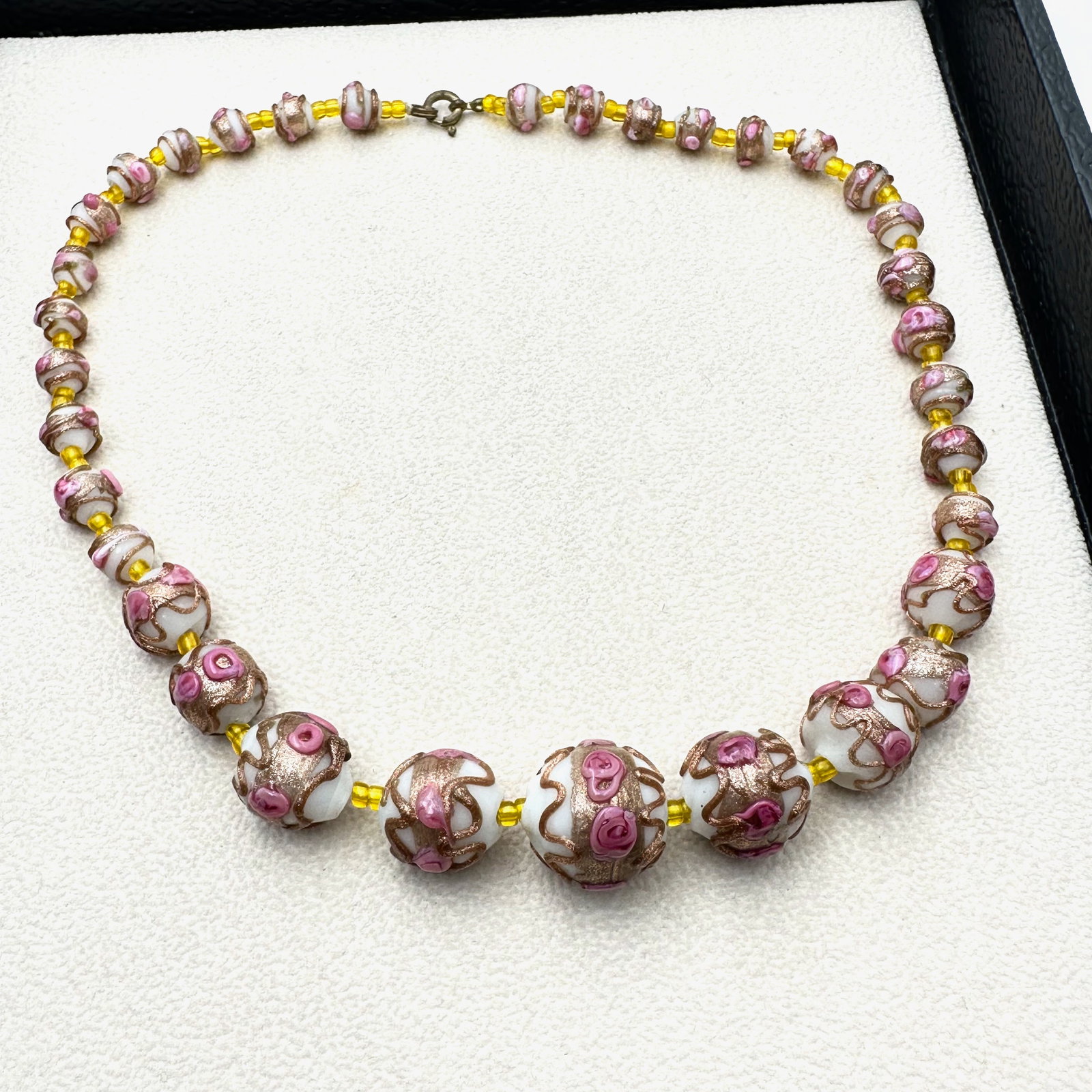 Antique Venetian Wedding Cake Glass White Pink Bead Necklace 16 Inch (1 of 2)