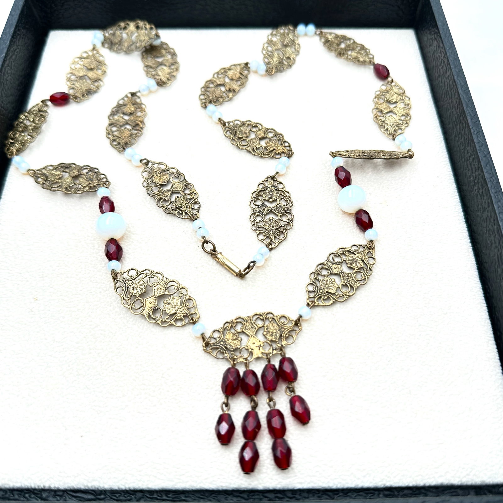Antique Art Deco Red and Opalescent Glass Gold Tone Filigree Flapper Necklace 30 Inch Length (1 of 2)