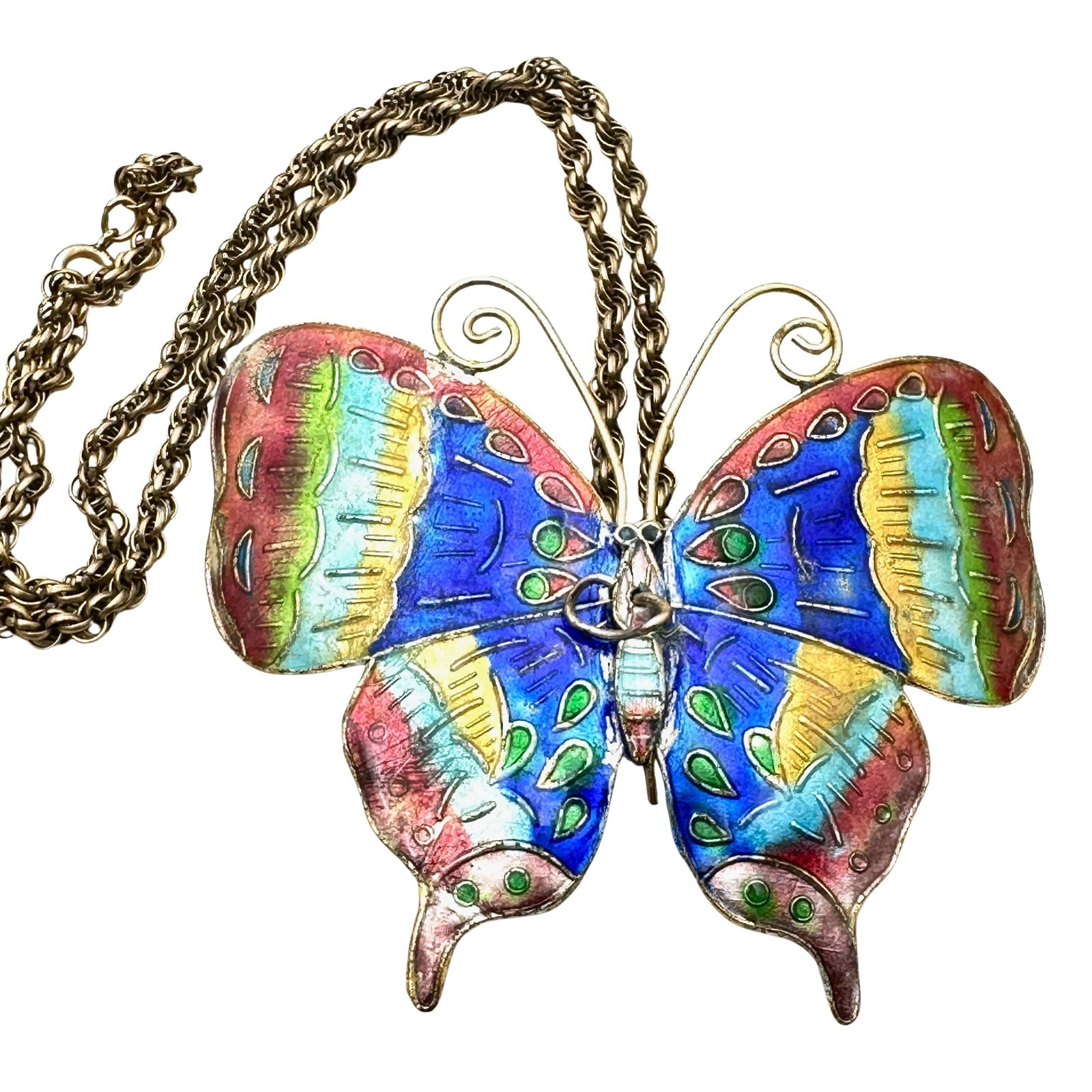 Vintage Large Enamel Butterfly Pendant Necklace Gold Filled Chain (1 of 2)
