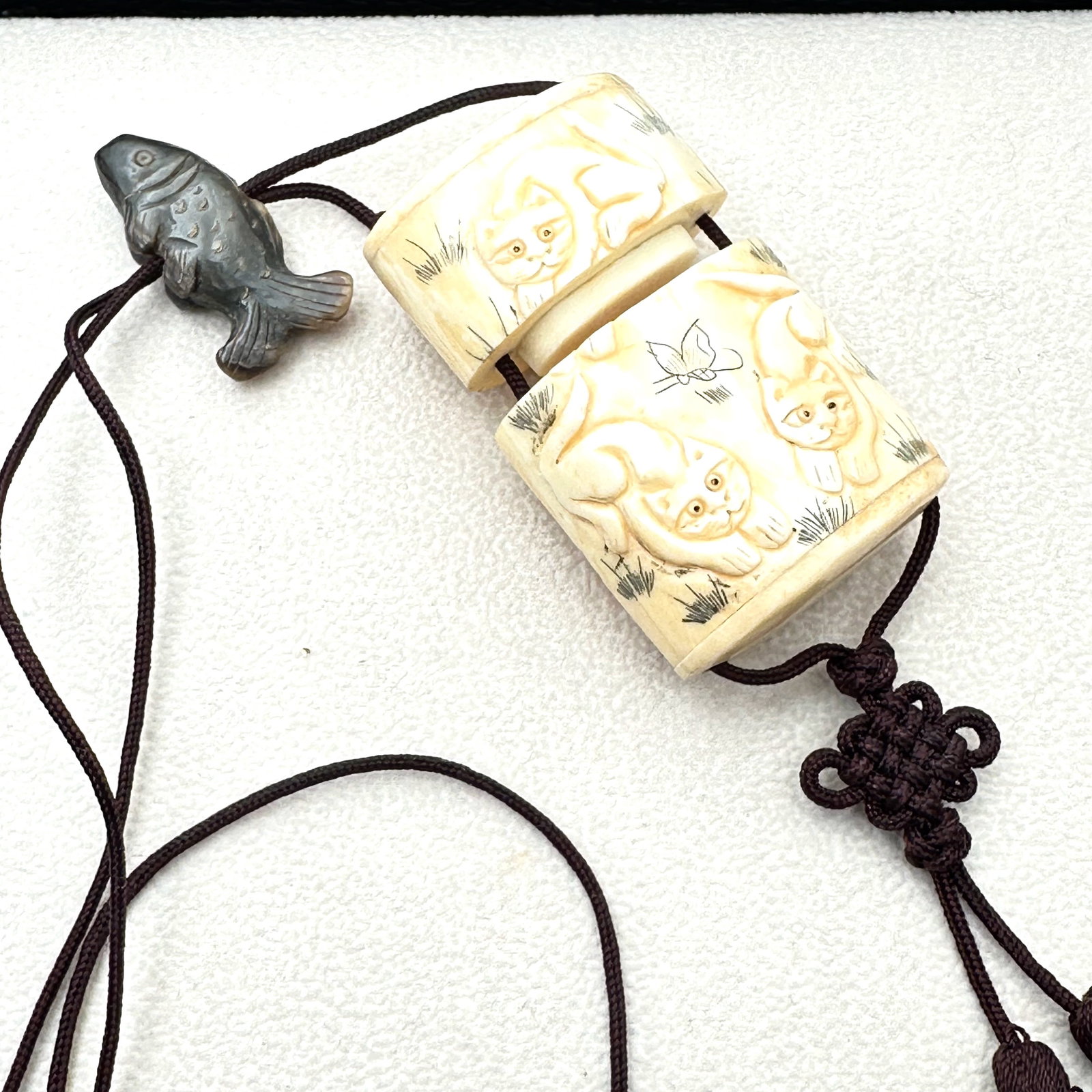 Antique Japanese Carved Inro Box Necklace Carved Cat and Fish Design Brown Silk Cord (1 of 4)