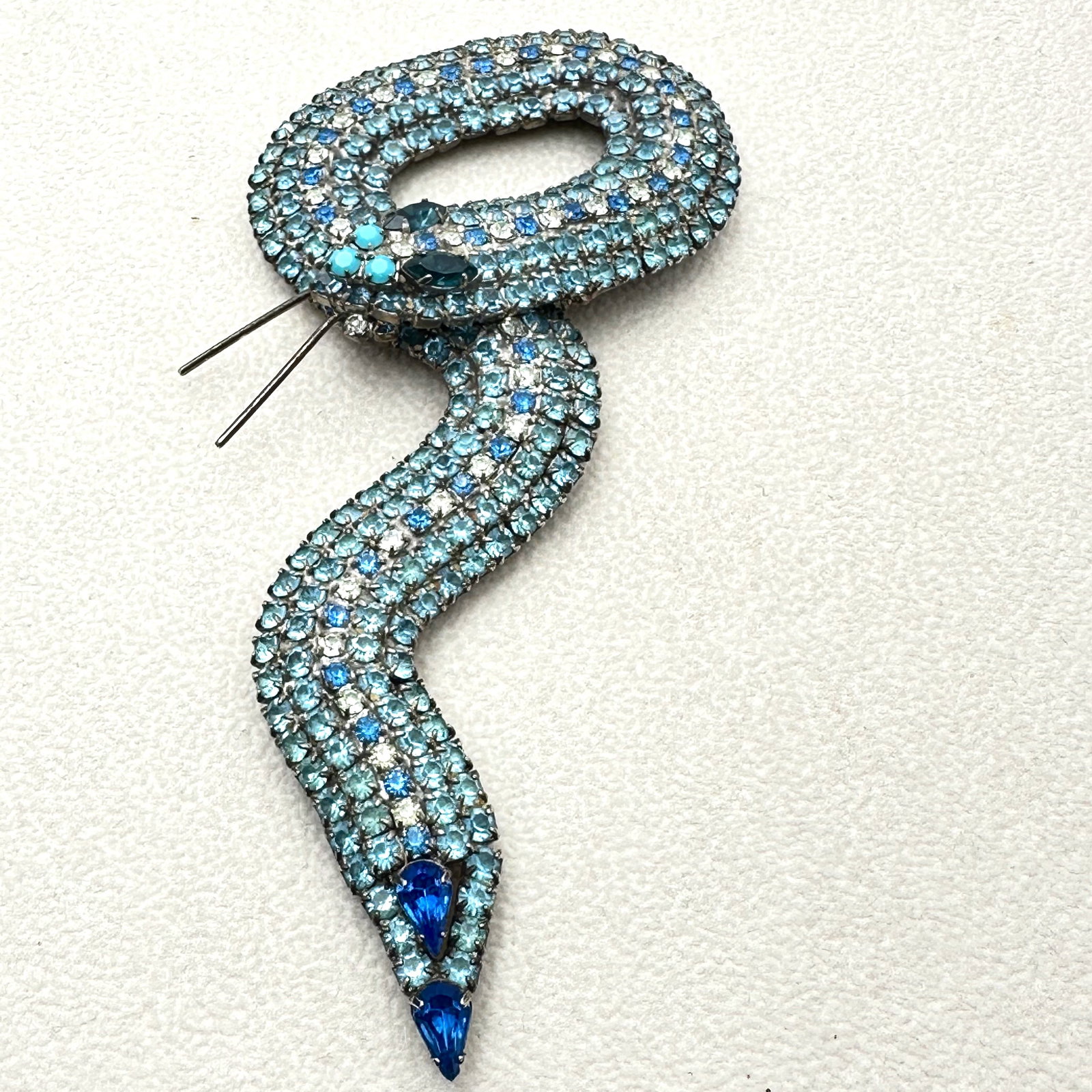 Vintage Paris Blue Glass Rhinestone Silver Tone Snake Brooch Pin 4.5 Inch (1 of 3)