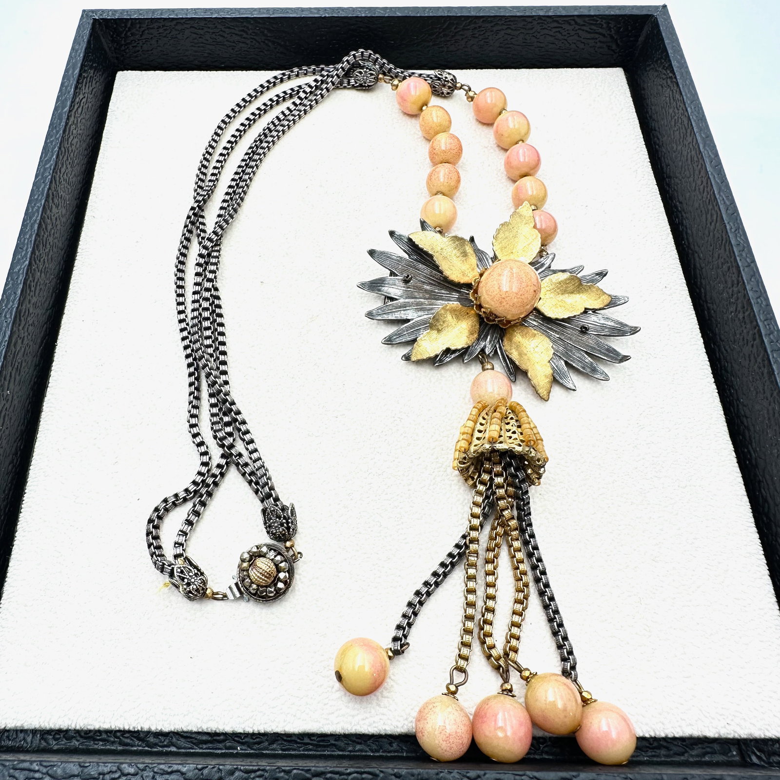 Vintage Miriam Haskell Pink Blush Glass Bead Antiqued Gold Tone Necklace 24 Inch Wearable Length (1 of 3)