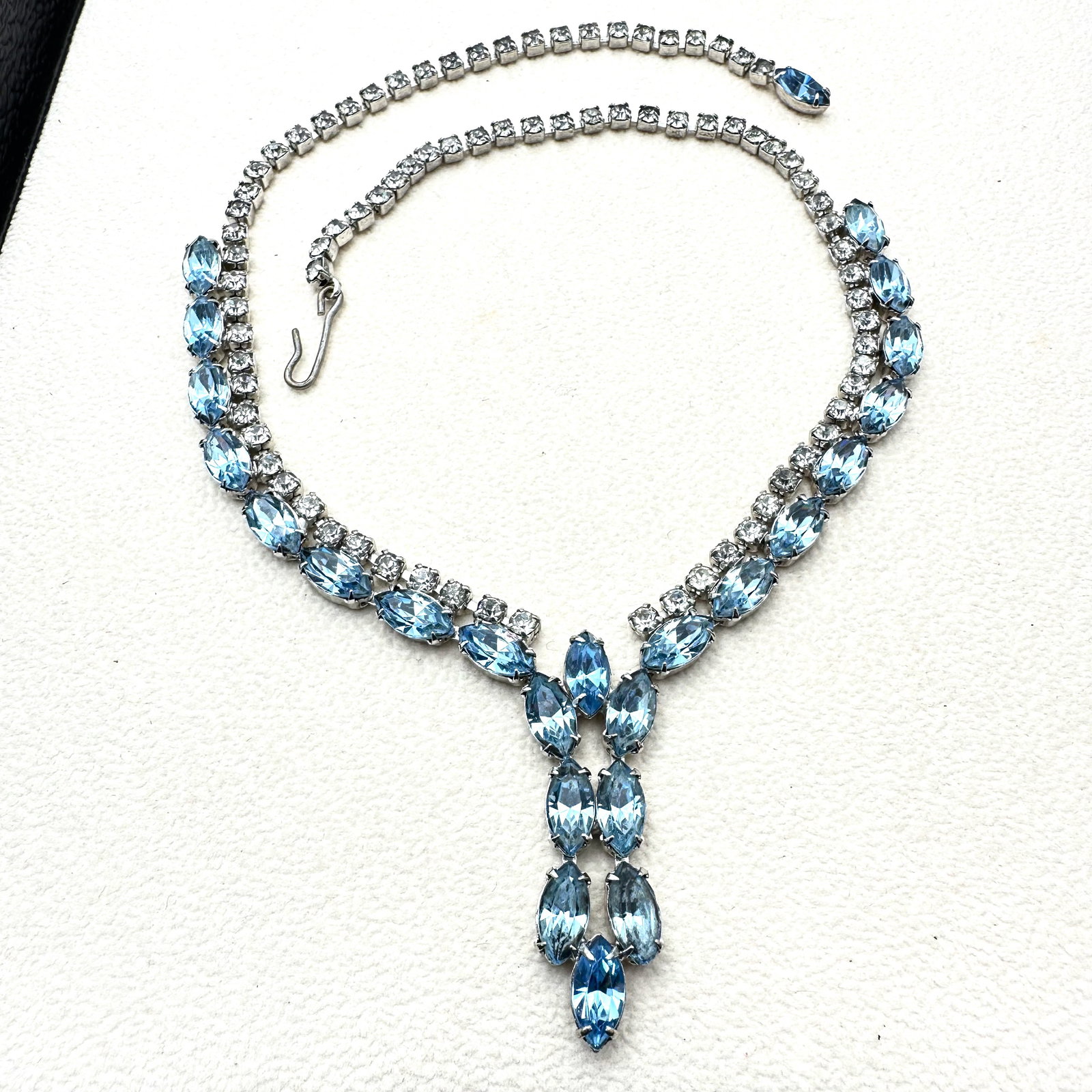 Vintage Light Blue Glass Rhinestone Silver Tone Necklace 16 Inch Wearable Length (1 of 2)