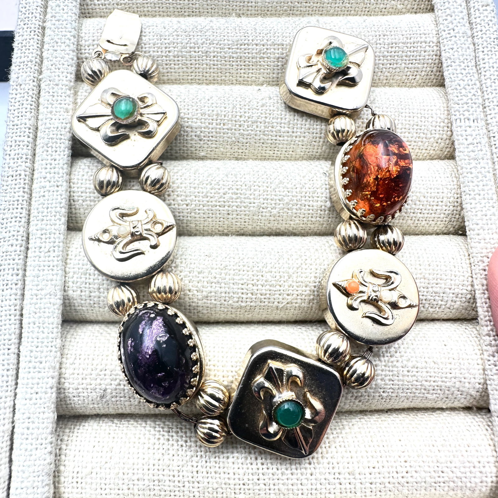 Vintage Gold Plated Multicolor Stones Slide Bracelet 7 Inch: Vintage Gold Plated Multicolor Stones Slide Bracelet 7 Inch